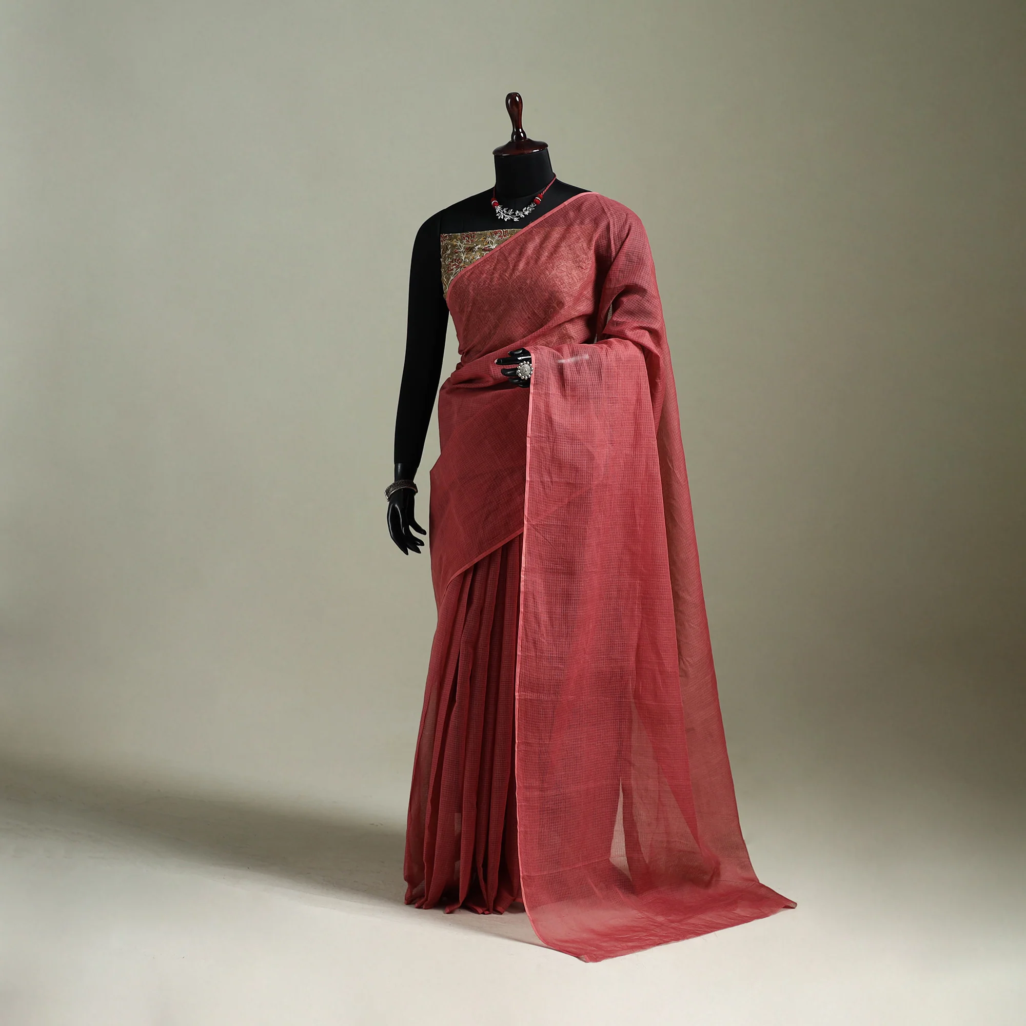 Red - Nazaakat Kota Doria Cotton Plain Saree with Blouse & Jewellery Set 124