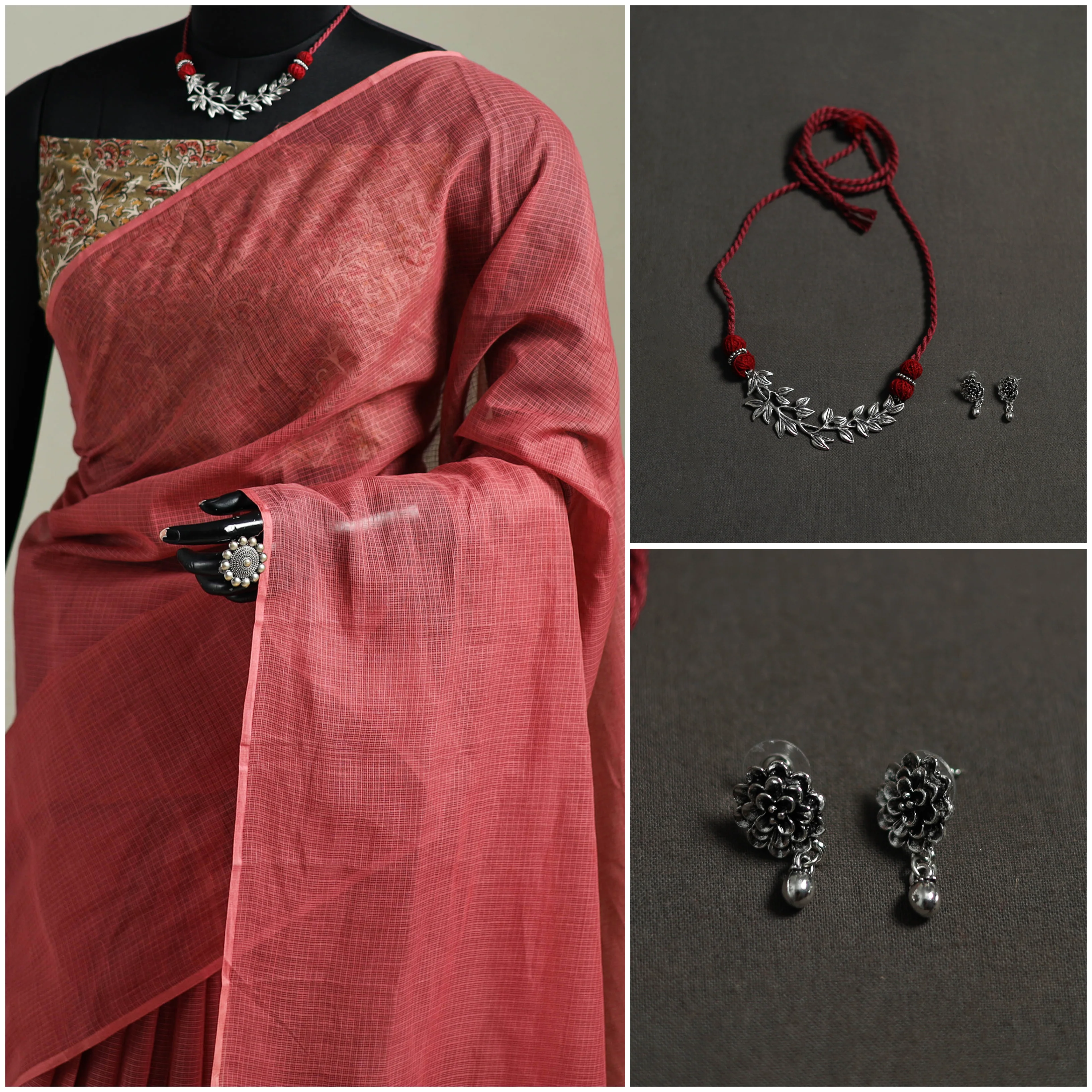Red - Nazaakat Kota Doria Cotton Plain Saree with Blouse & Jewellery Set 124 - Image 3