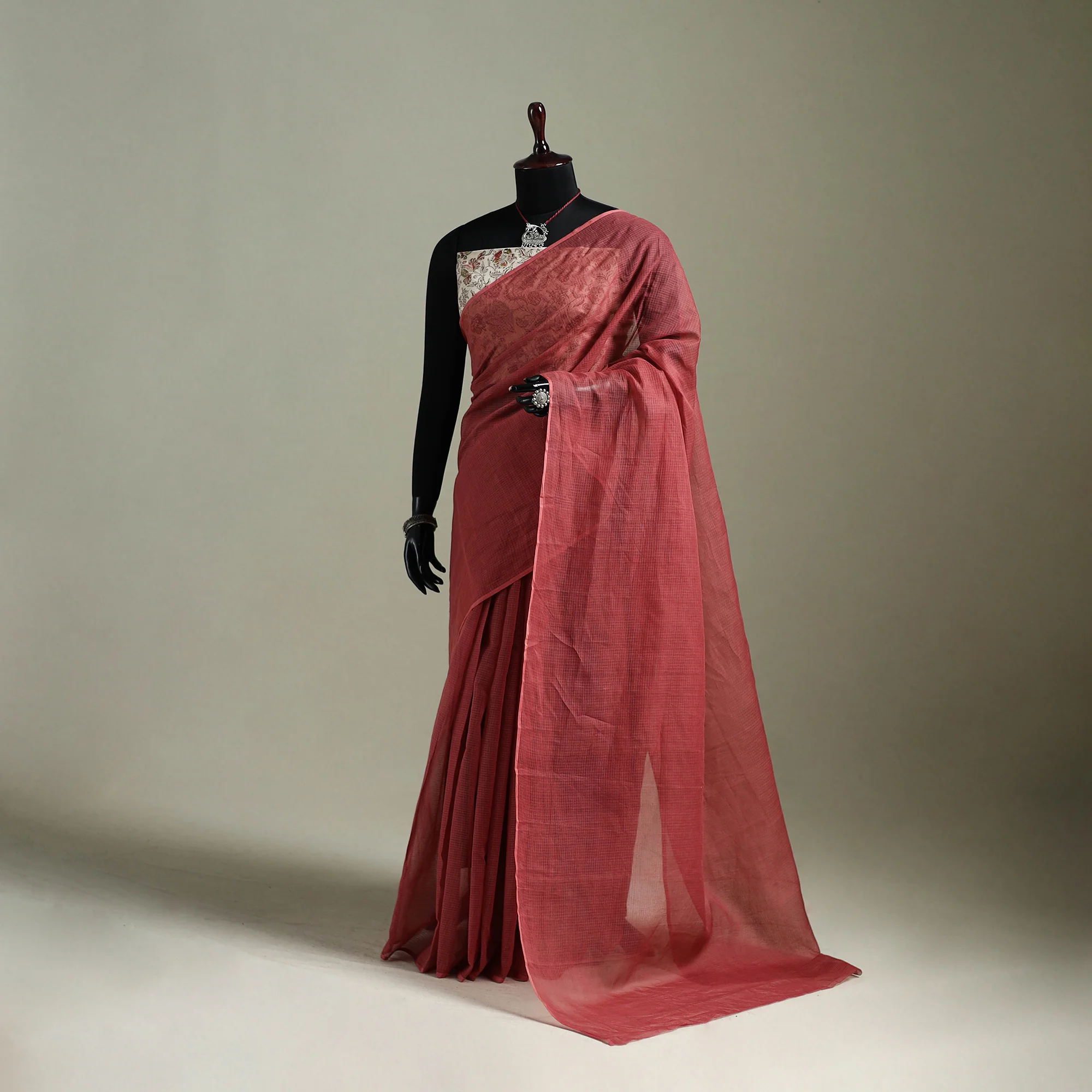 Red - Nazaakat Kota Doria Cotton Plain Saree with Blouse & Jewellery Set 125
