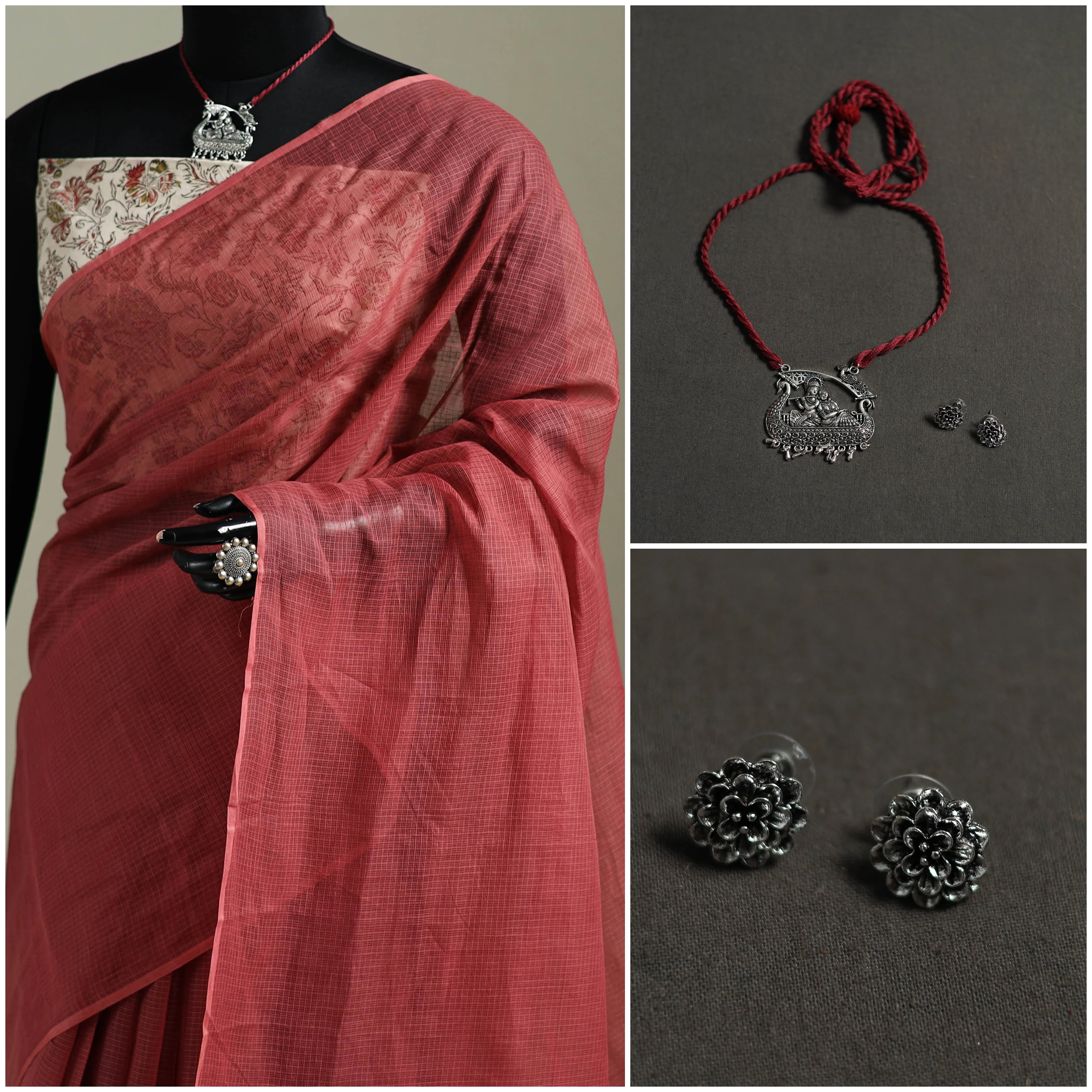 Red - Nazaakat Kota Doria Cotton Plain Saree with Blouse & Jewellery Set 125 - Image 3