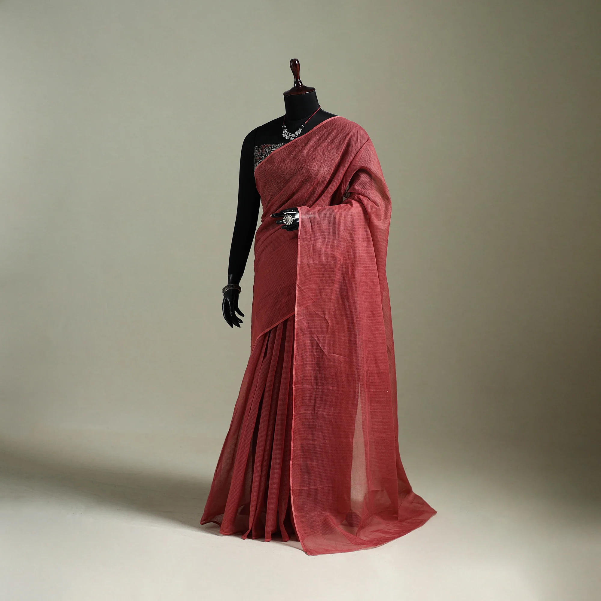 Red - Nazaakat Kota Doria Cotton Plain Saree with Blouse & Jewellery Set 126