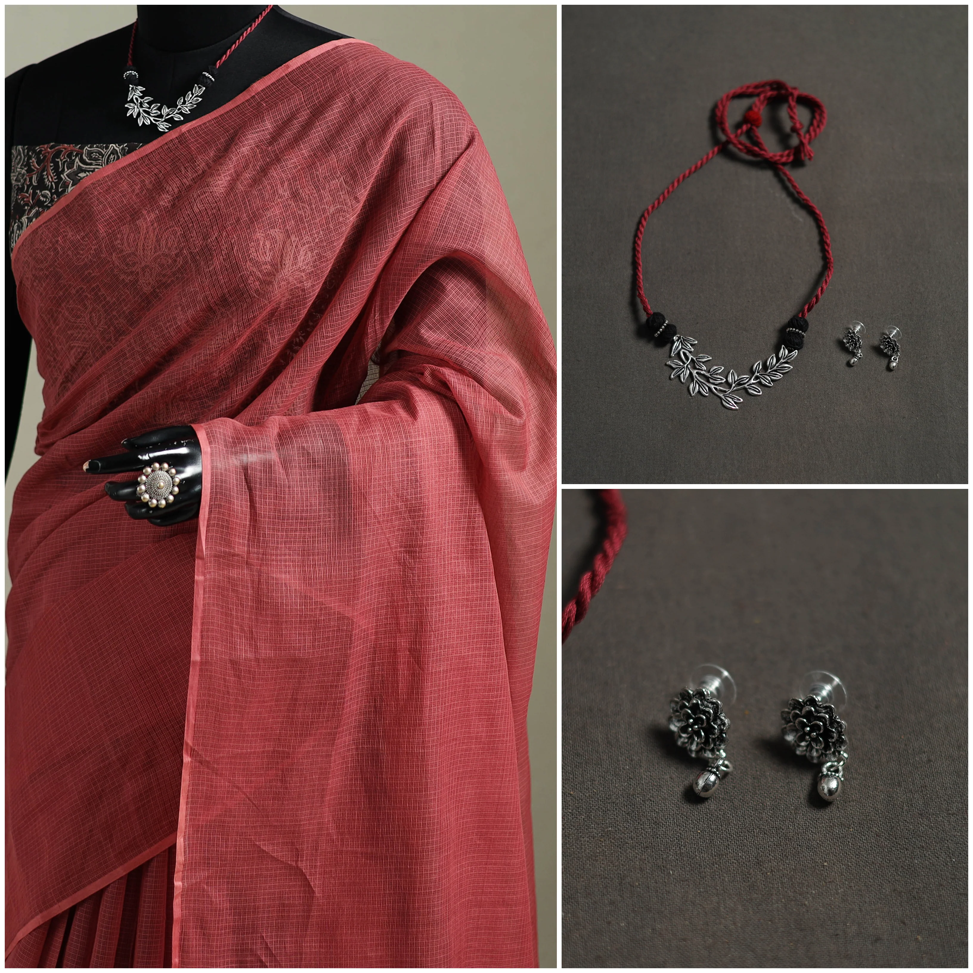 Red - Nazaakat Kota Doria Cotton Plain Saree with Blouse & Jewellery Set 126 - Image 3