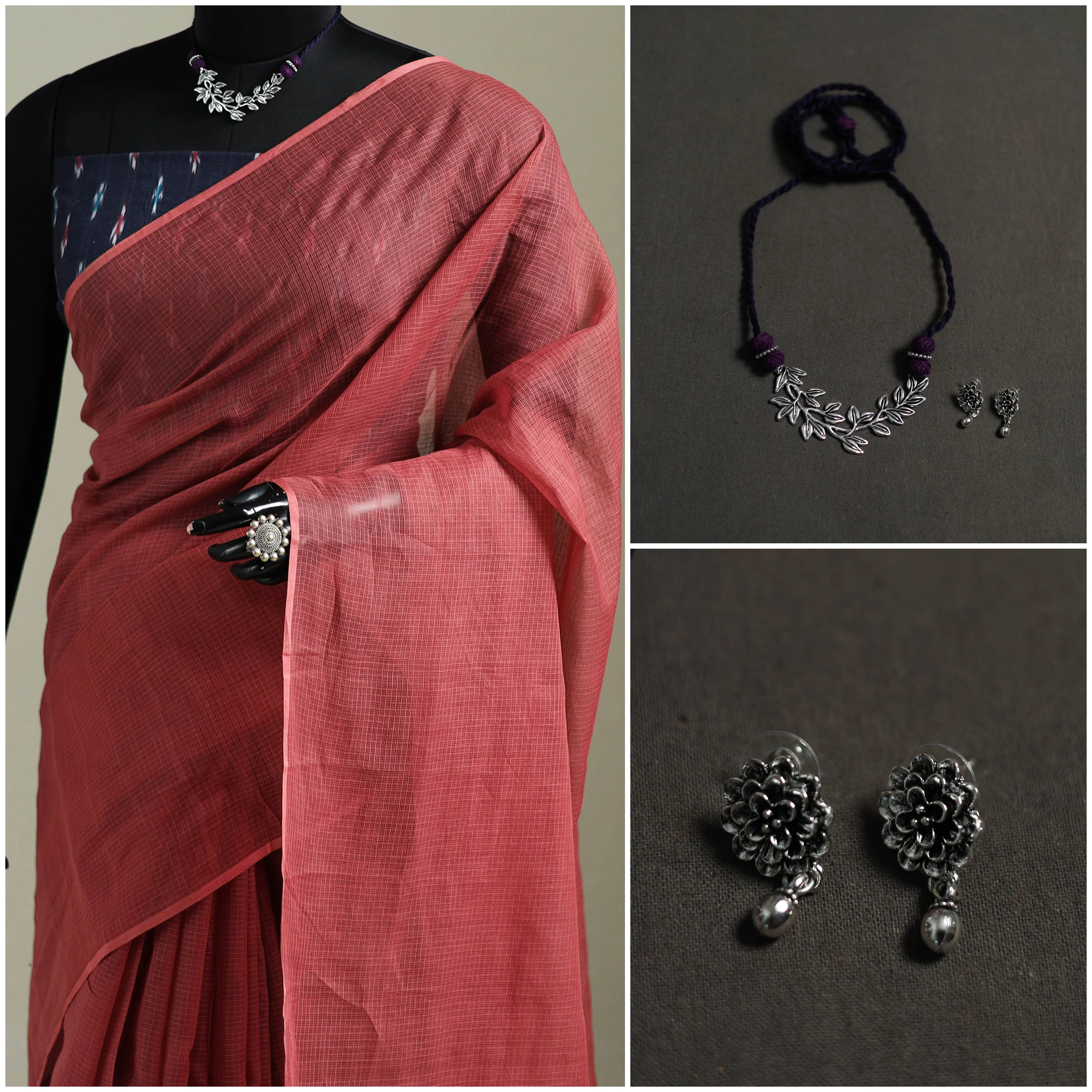 Red - Nazaakat Kota Doria Cotton Plain Saree with Blouse & Jewellery Set 127 - Image 3