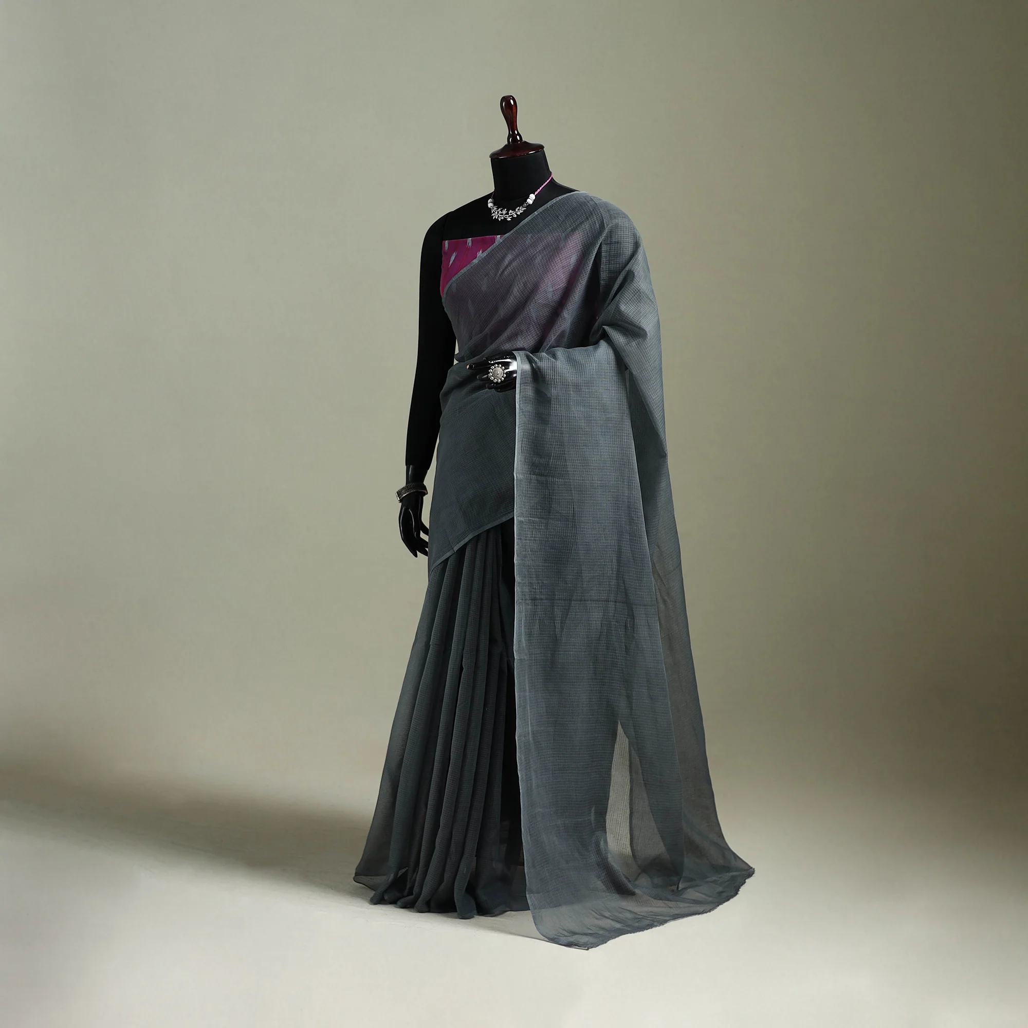 Grey - Nazaakat Kota Doria Cotton Plain Saree with Blouse & Jewellery Set 129