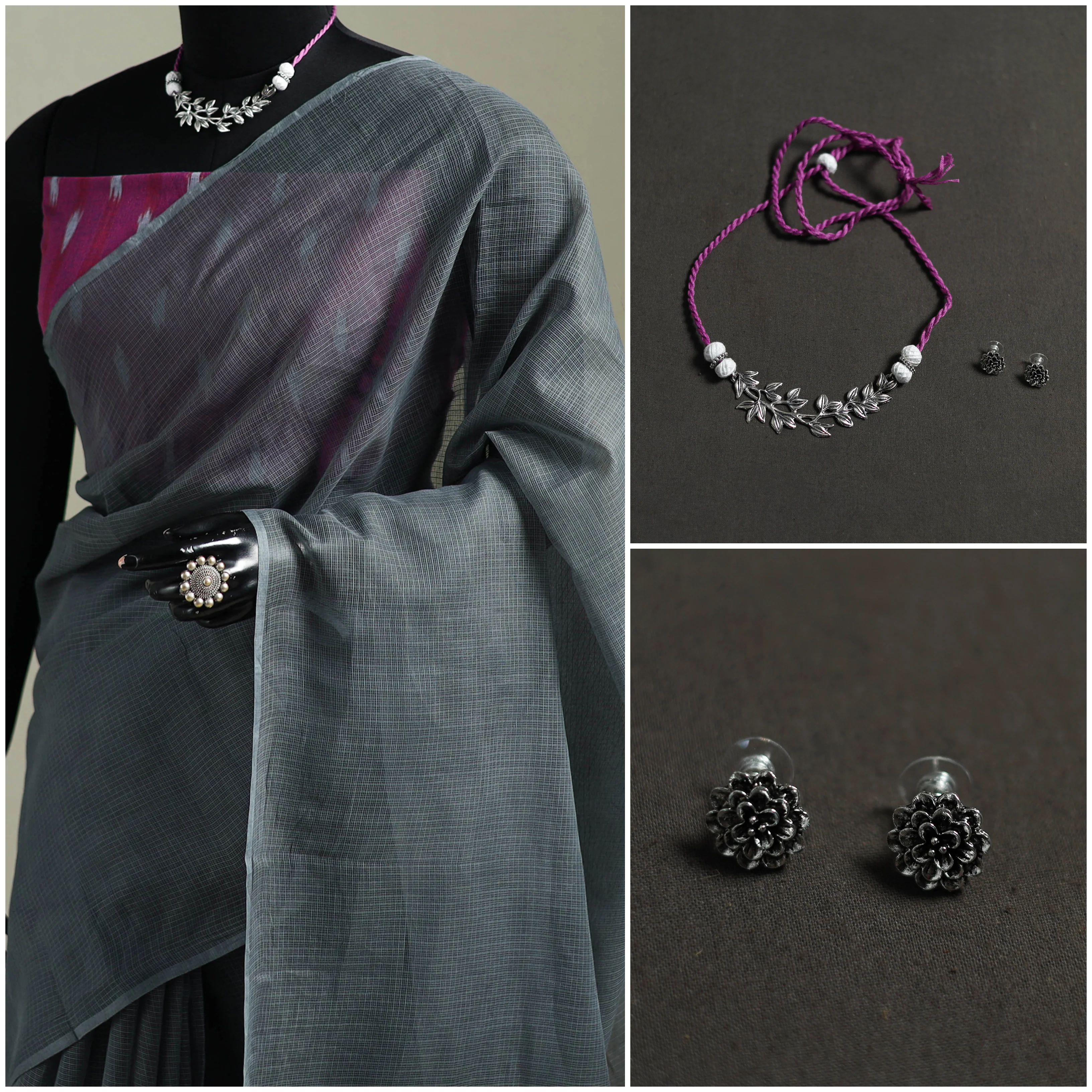 Grey - Nazaakat Kota Doria Cotton Plain Saree with Blouse & Jewellery Set 129 - Image 3