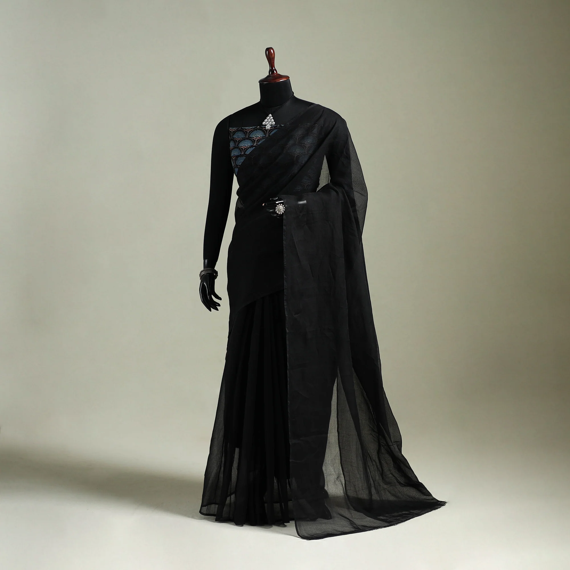 Black - Nazaakat Kota Doria Cotton Plain Saree with Blouse & Jewellery Set 13