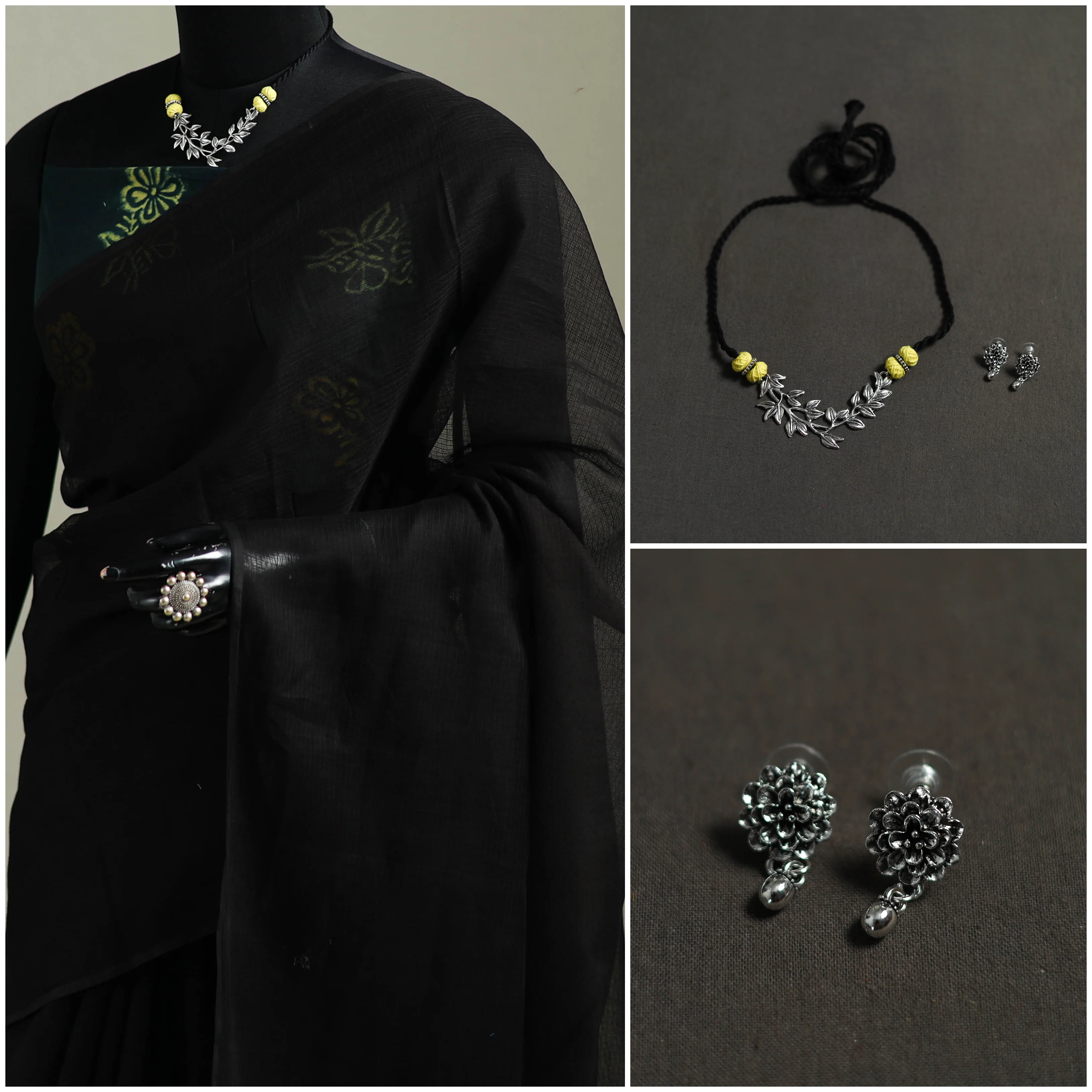 Black - Nazaakat Kota Doria Cotton Plain Saree with Blouse & Jewellery Set 130 - Image 3