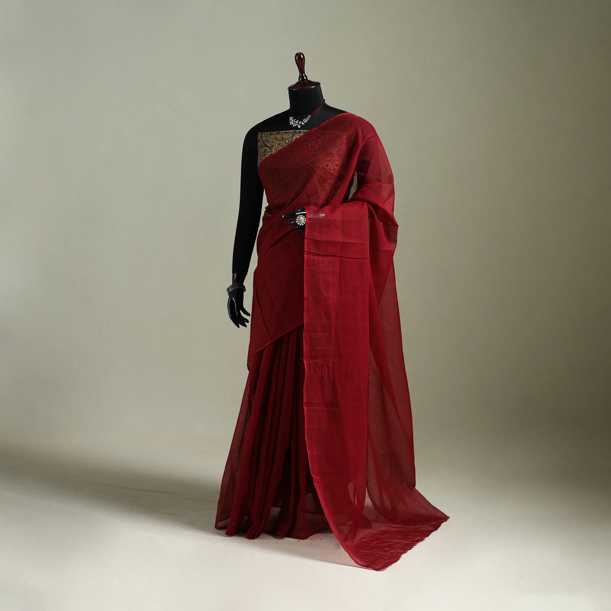 Red - Nazaakat Kota Doria Cotton Plain Saree with Blouse & Jewellery Set 132