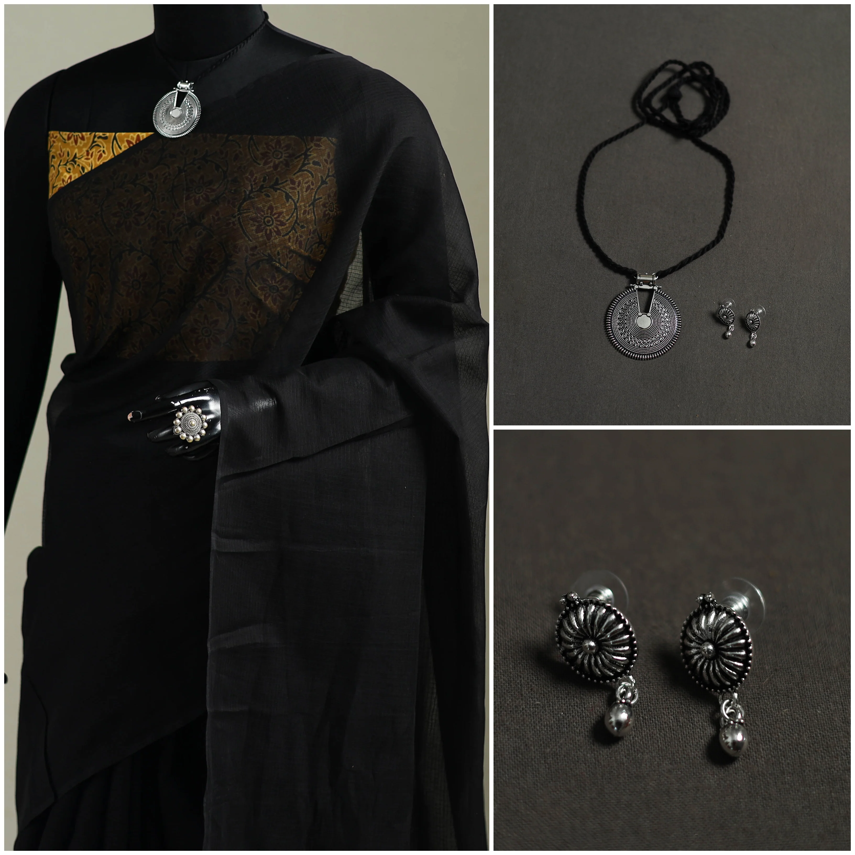 Black - Nazaakat Kota Doria Cotton Plain Saree with Blouse & Jewellery Set 133 - Image 3