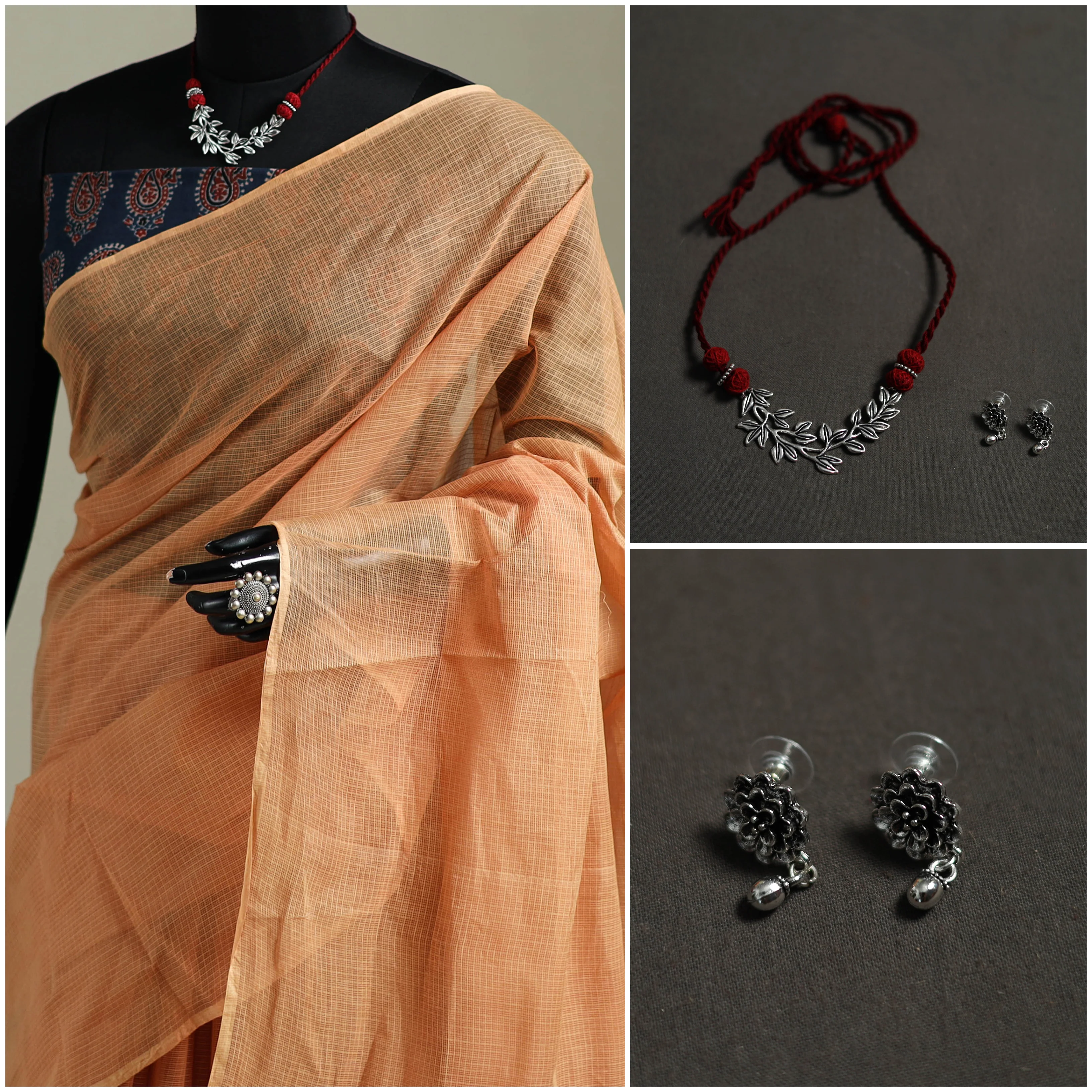 Peach - Nazaakat Kota Doria Cotton Plain Saree with Blouse & Jewellery Set 134 - Image 3