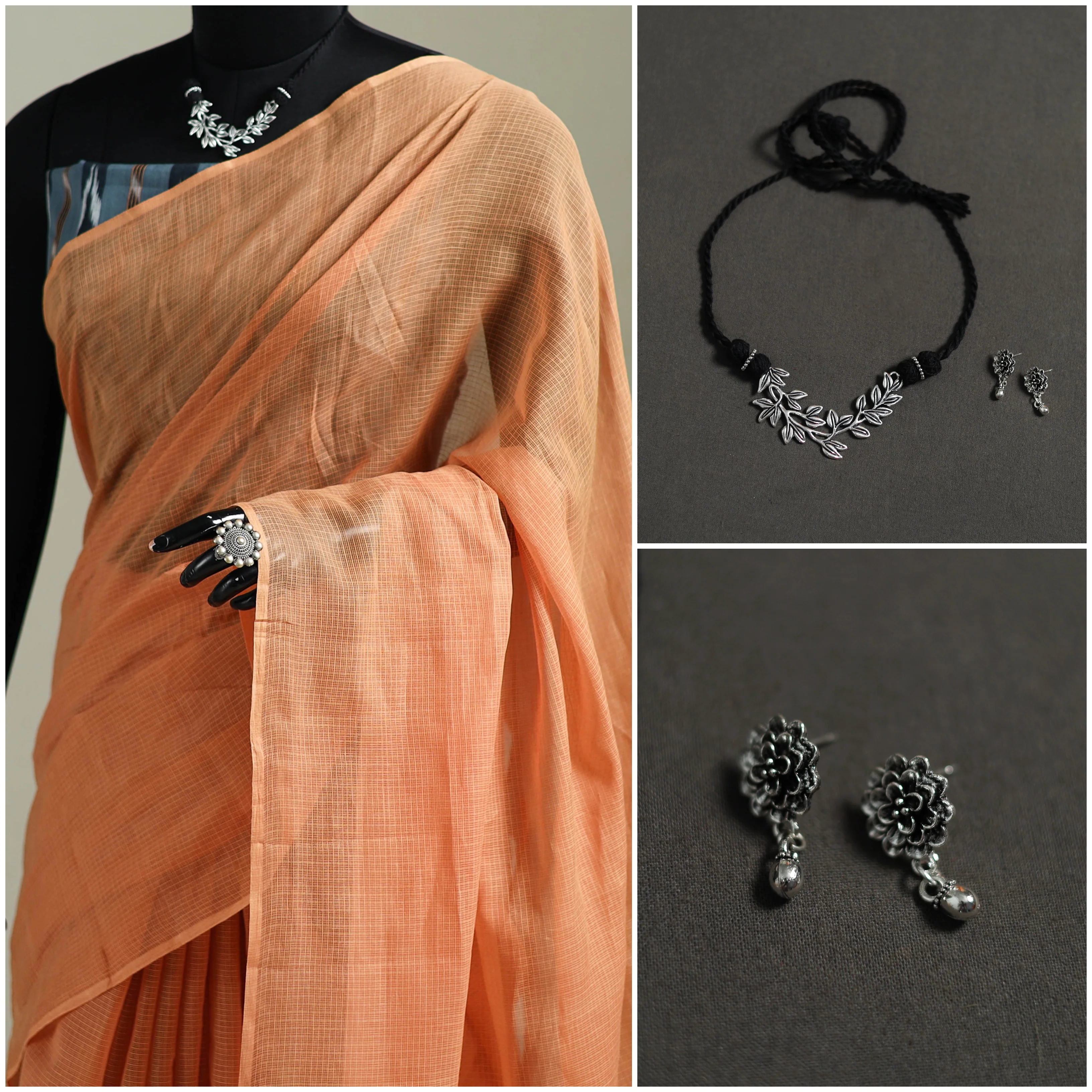 Peach - Nazaakat Kota Doria Cotton Plain Saree with Blouse & Jewellery Set 135 - Image 3