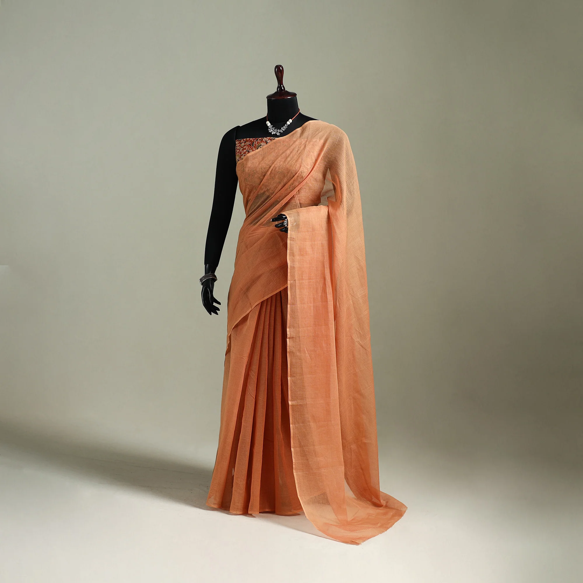 Peach - Nazaakat Kota Doria Cotton Plain Saree with Blouse & Jewellery Set 136