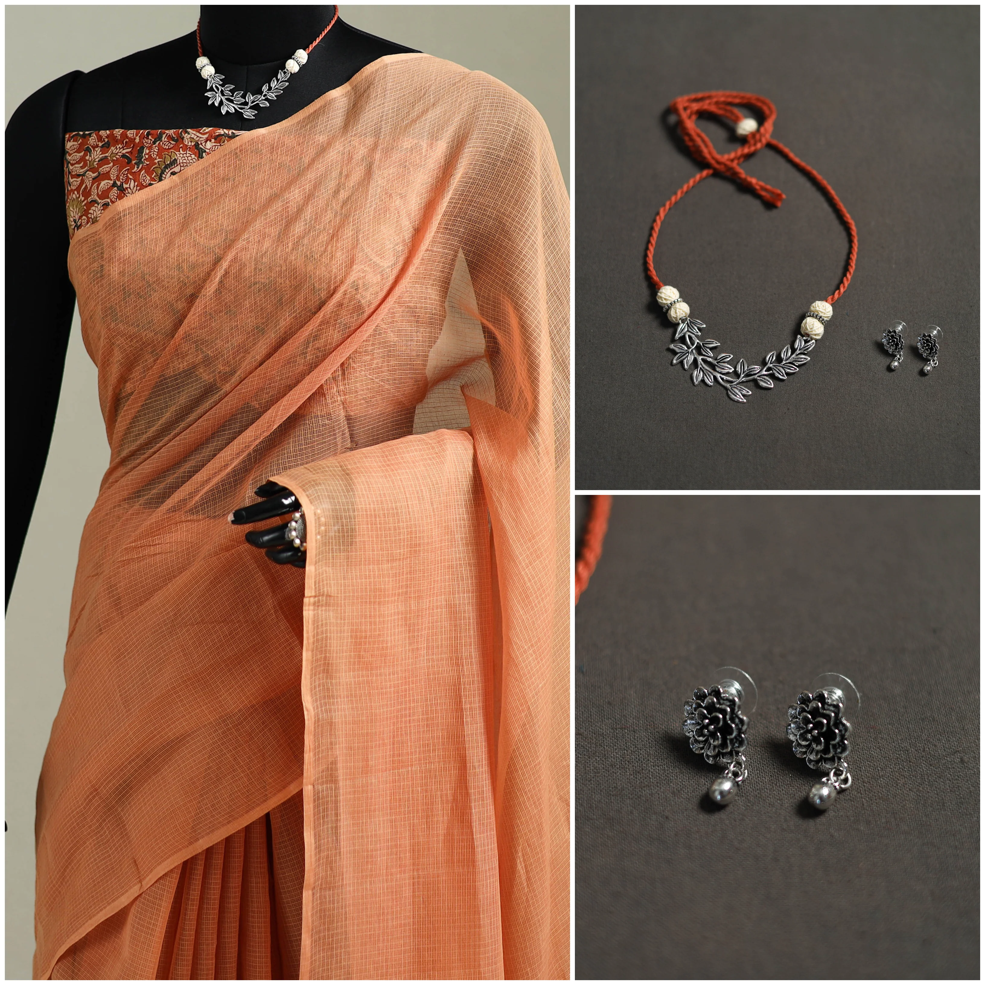 Peach - Nazaakat Kota Doria Cotton Plain Saree with Blouse & Jewellery Set 136 - Image 3