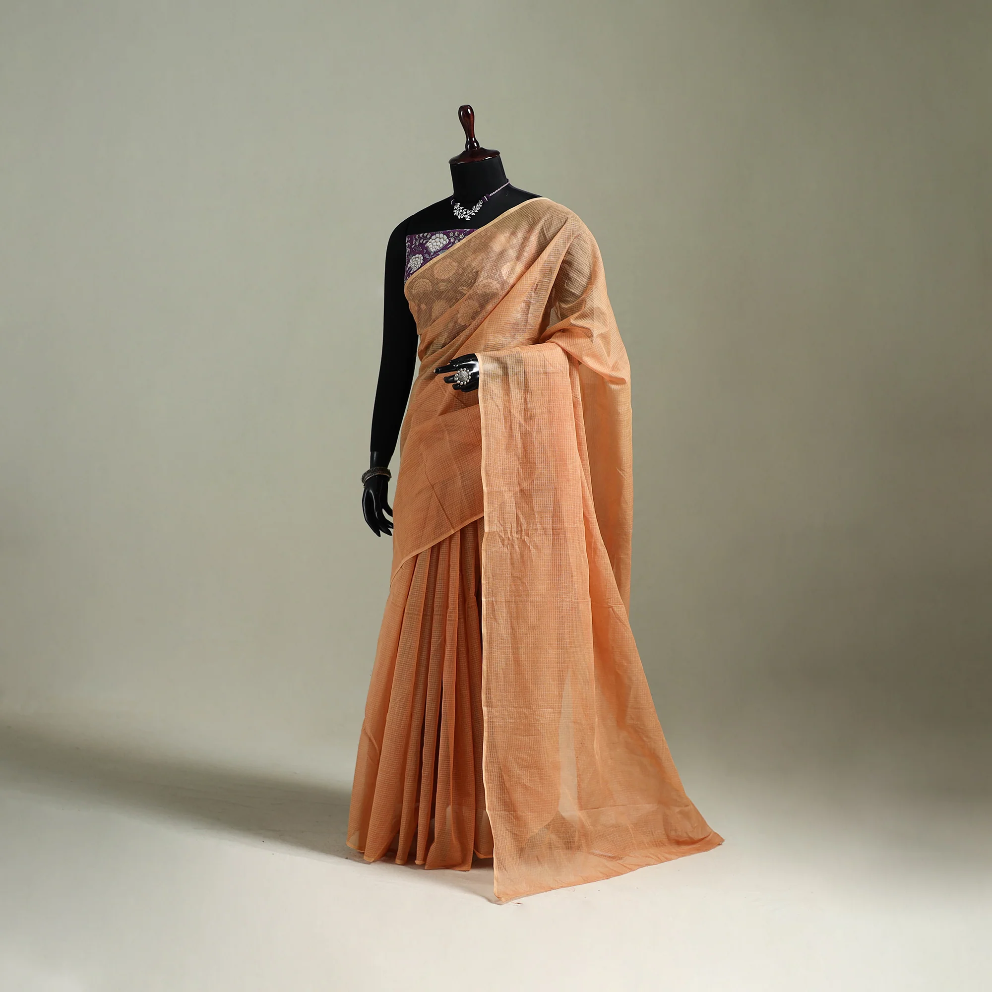 Peach - Nazaakat Kota Doria Cotton Plain Saree with Blouse & Jewellery Set 137