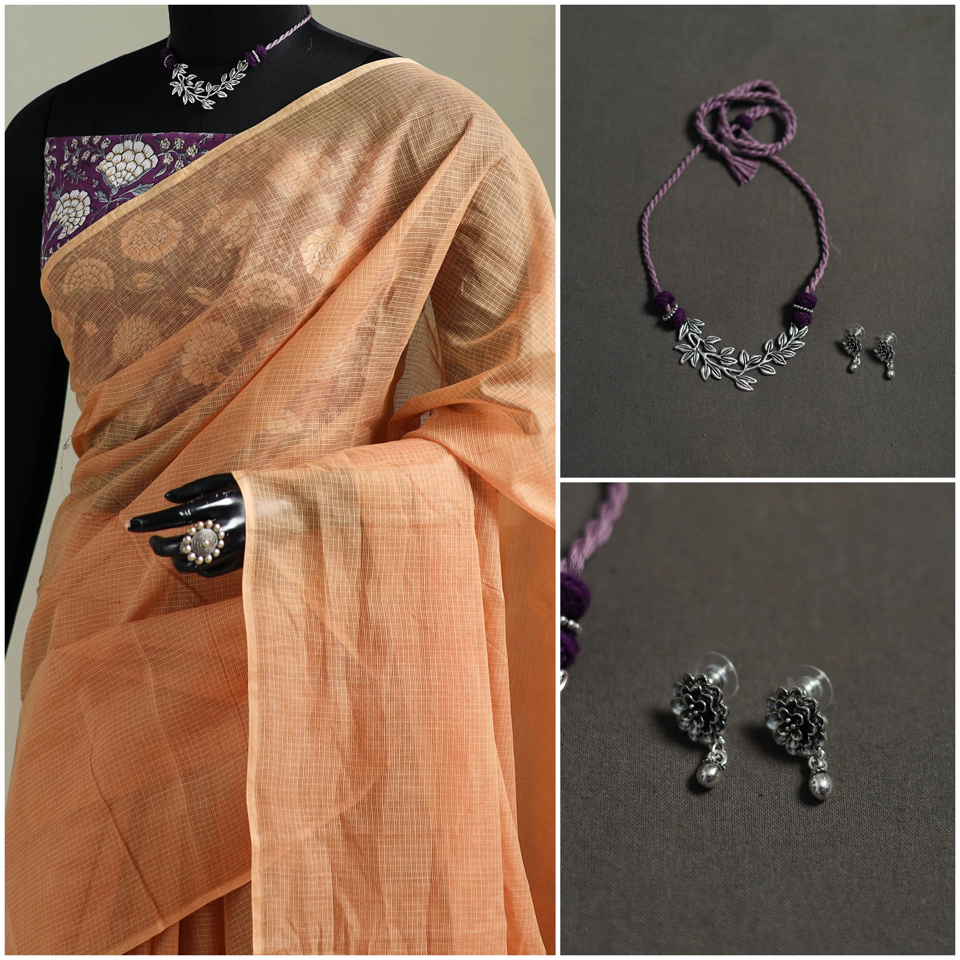 Peach - Nazaakat Kota Doria Cotton Plain Saree with Blouse & Jewellery Set 137 - Image 3
