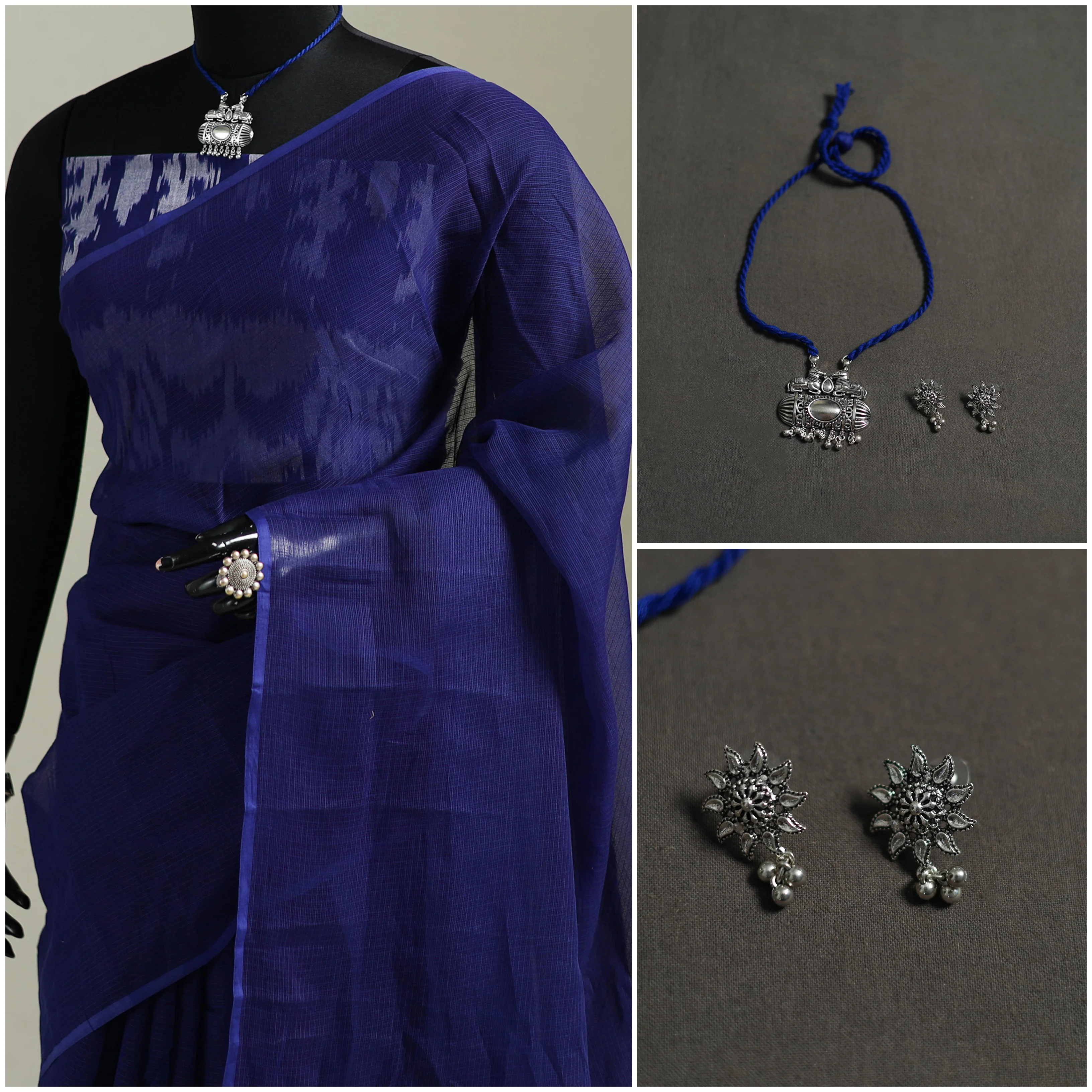 Blue - Nazaakat Kota Doria Cotton Plain Saree with Blouse & Jewellery Set 138 - Image 3