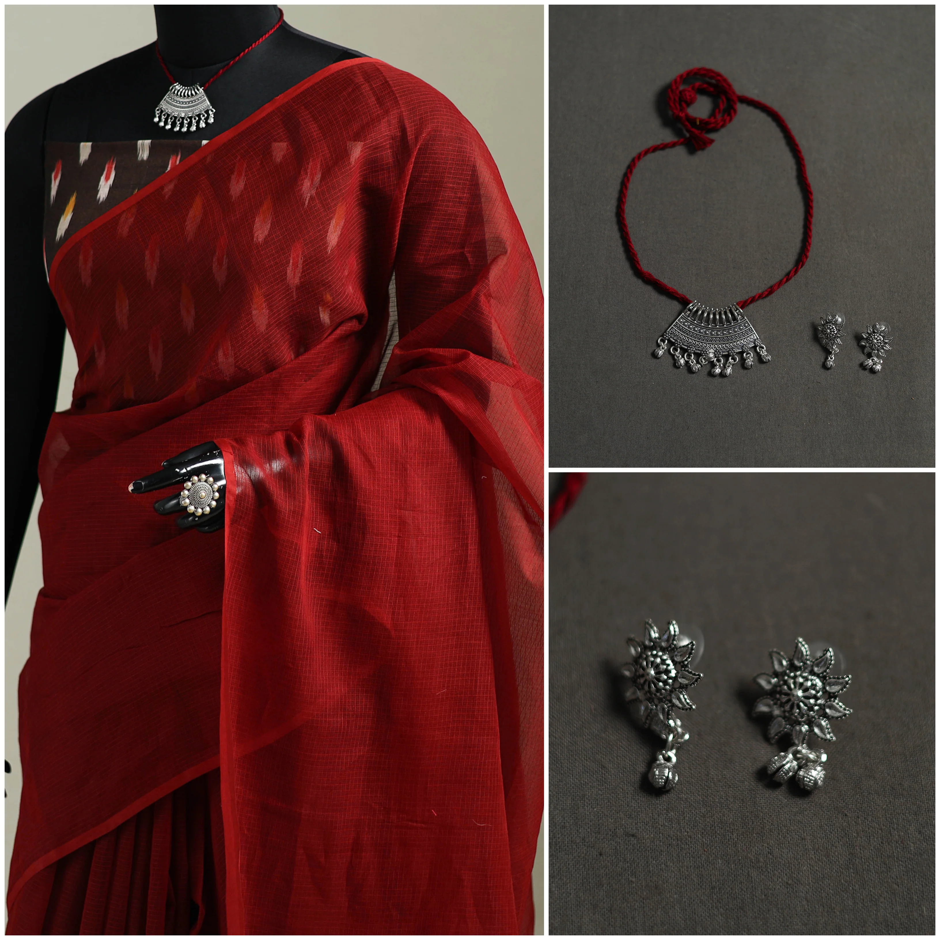 Red - Nazaakat Kota Doria Cotton Plain Saree with Blouse & Jewellery Set 139 - Image 3