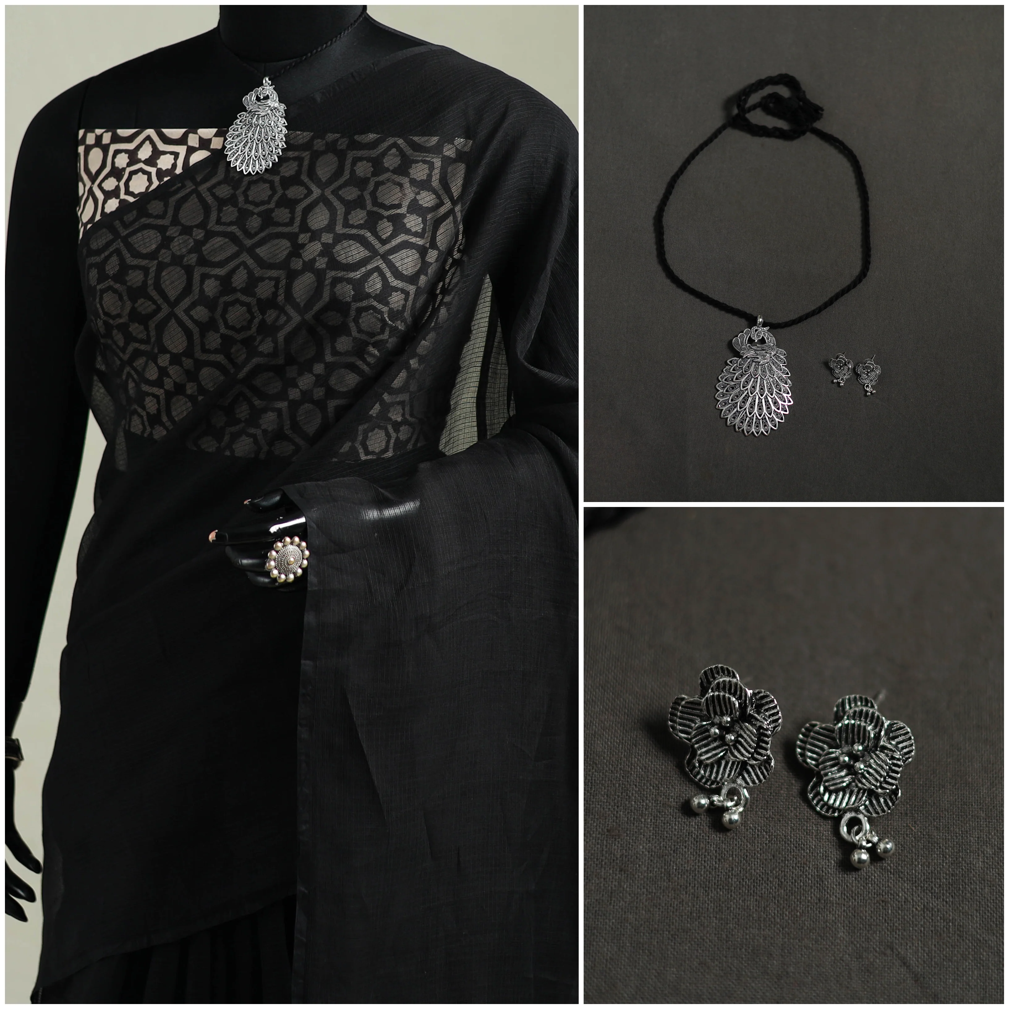 Black - Nazaakat Kota Doria Cotton Plain Saree with Blouse & Jewellery Set 14 - Image 3