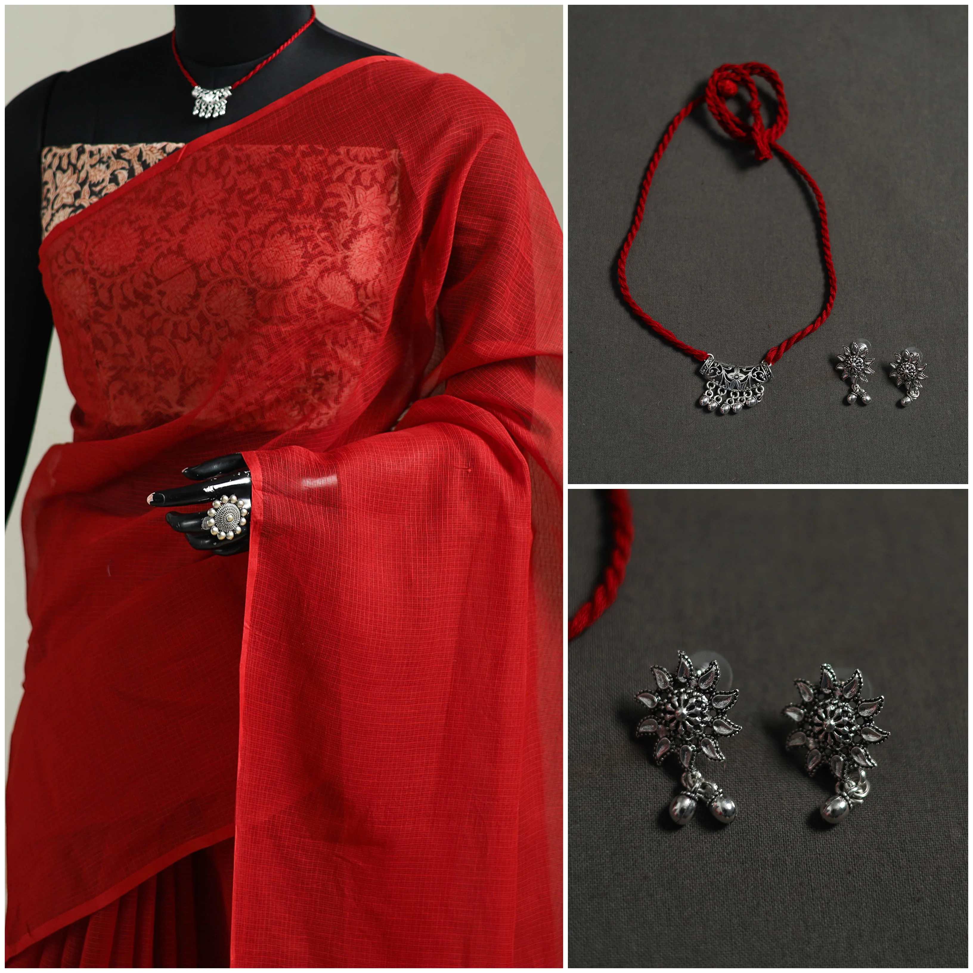 Red - Nazaakat Kota Doria Cotton Plain Saree with Blouse & Jewellery Set 141 - Image 3