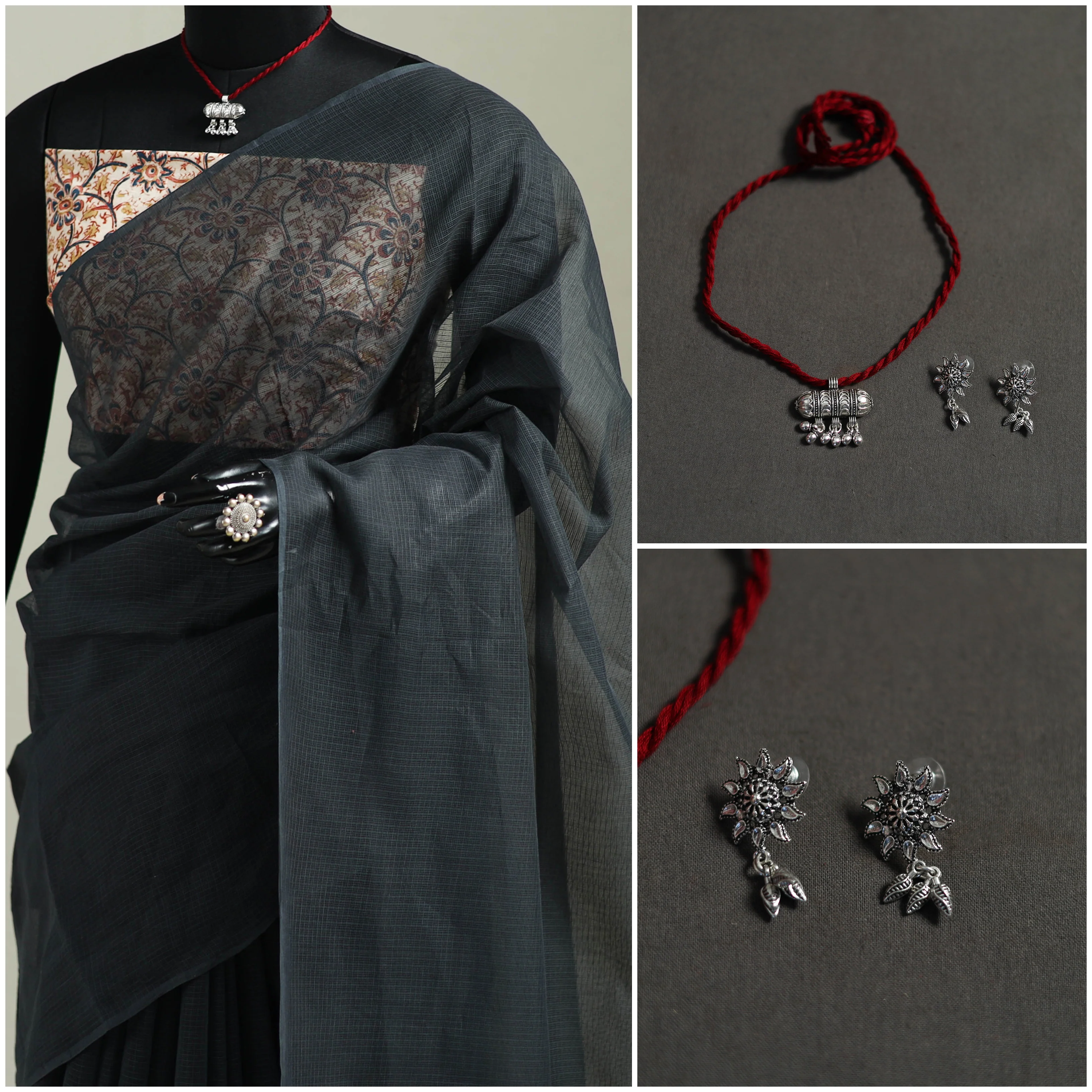 Grey - Nazaakat Kota Doria Cotton Plain Saree with Blouse & Jewellery Set 142 - Image 3