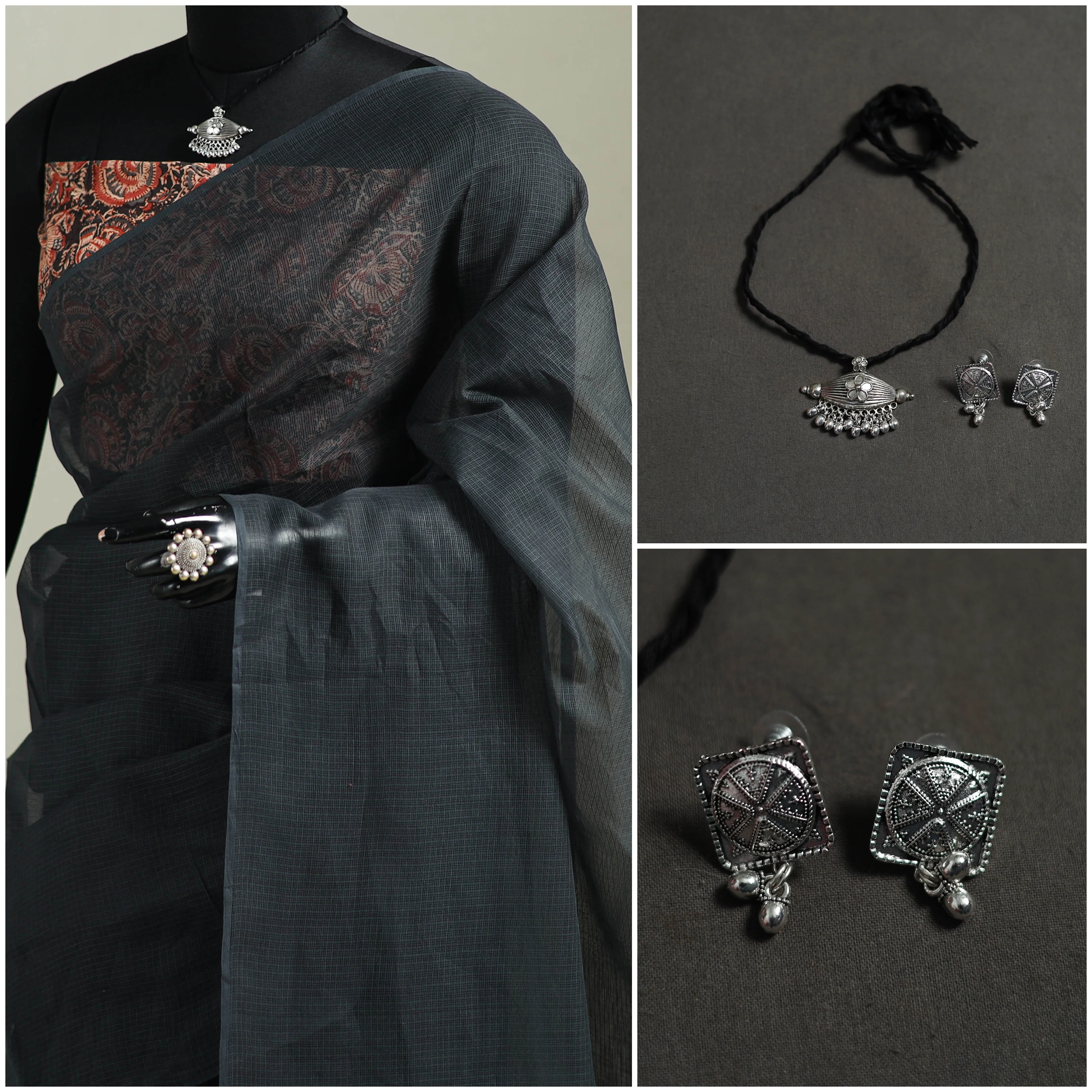 Grey - Nazaakat Kota Doria Cotton Plain Saree with Blouse & Jewellery Set 143 - Image 3