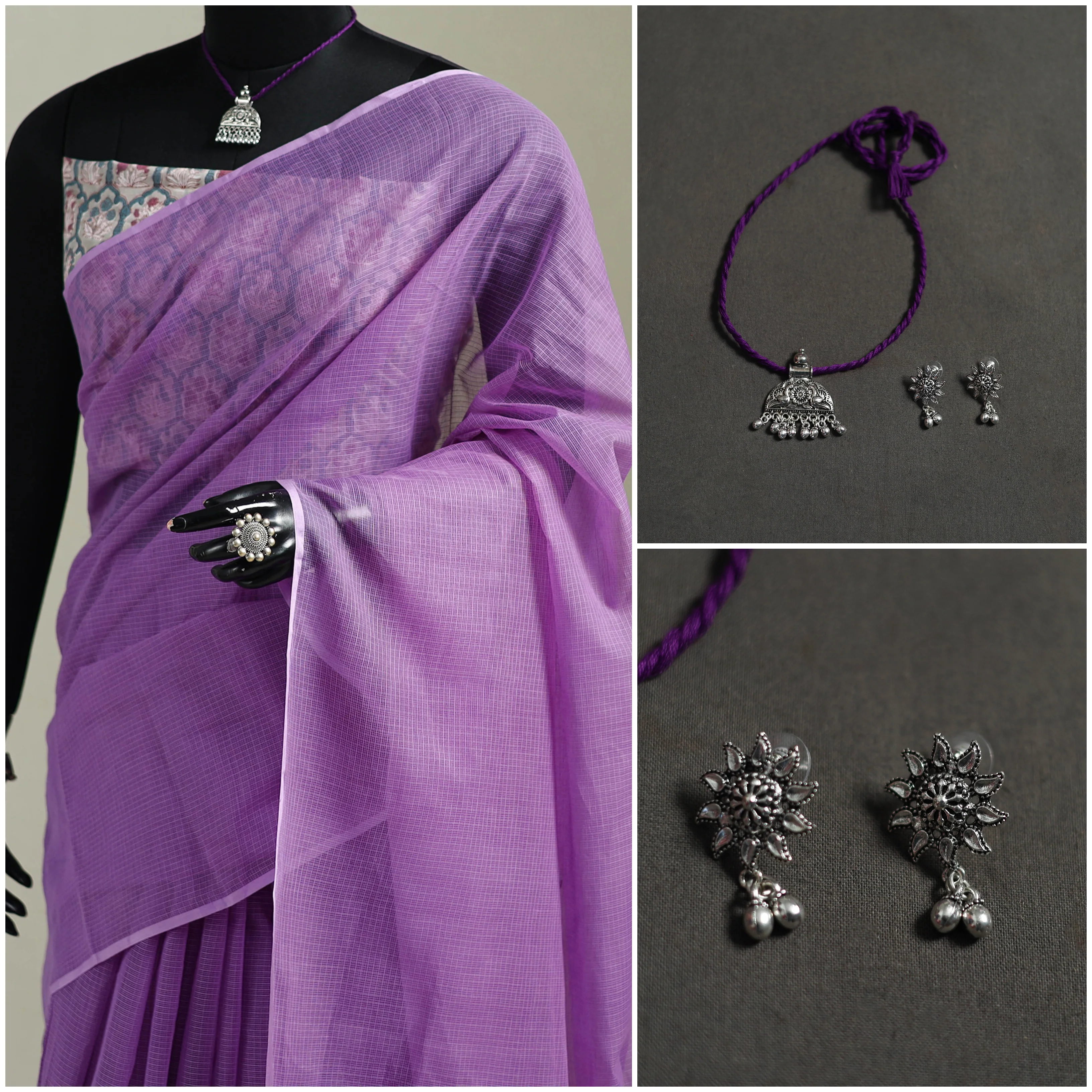 Purple - Nazaakat Kota Doria Cotton Plain Saree with Blouse & Jewellery Set 144 - Image 3