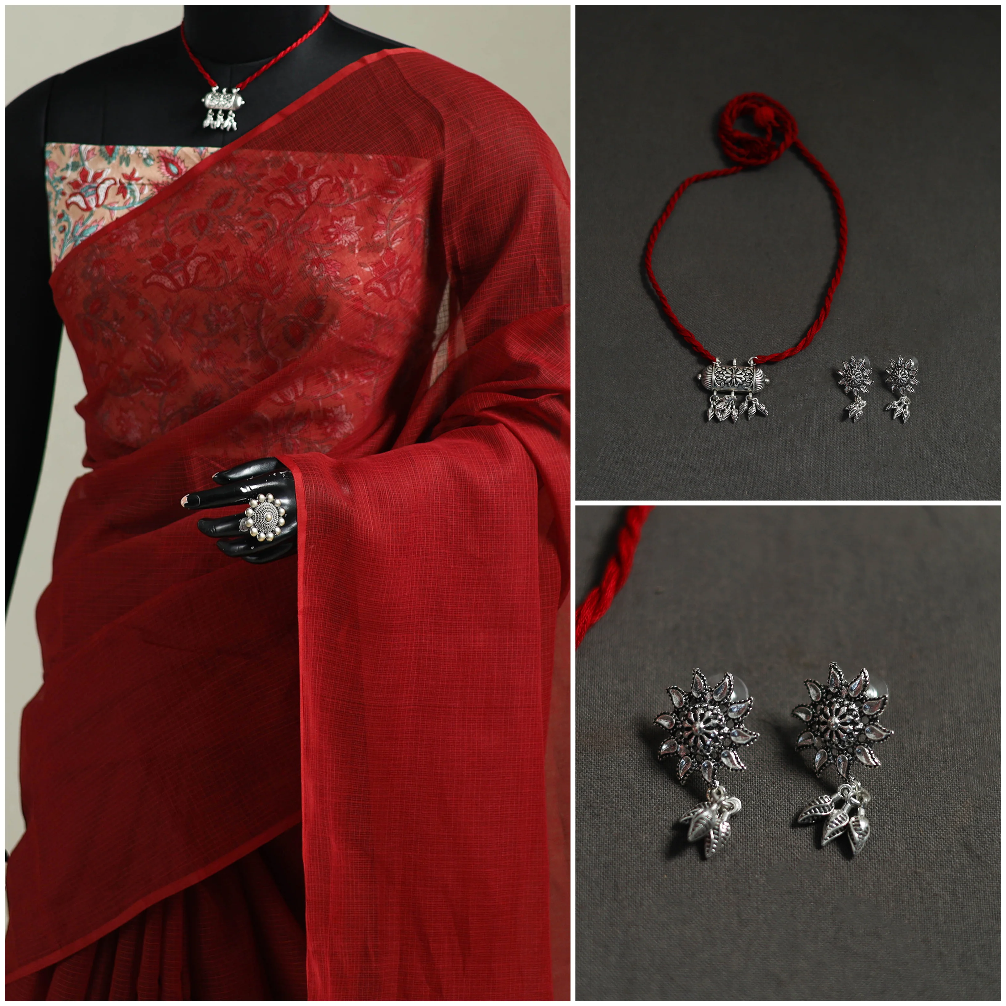 Red - Nazaakat Kota Doria Cotton Plain Saree with Blouse & Jewellery Set 146 - Image 3