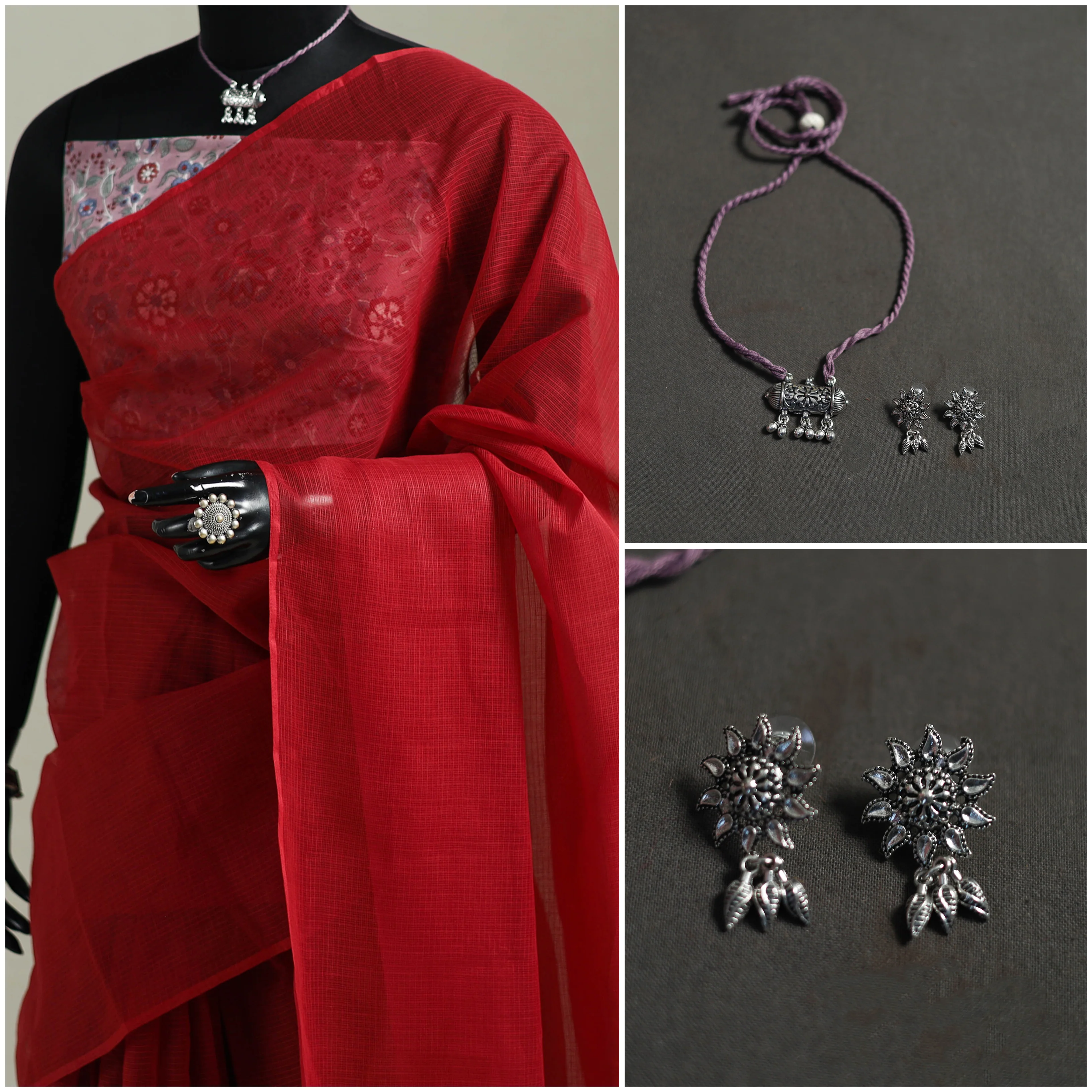 Red - Nazaakat Kota Doria Cotton Plain Saree with Blouse & Jewellery Set 147 - Image 3