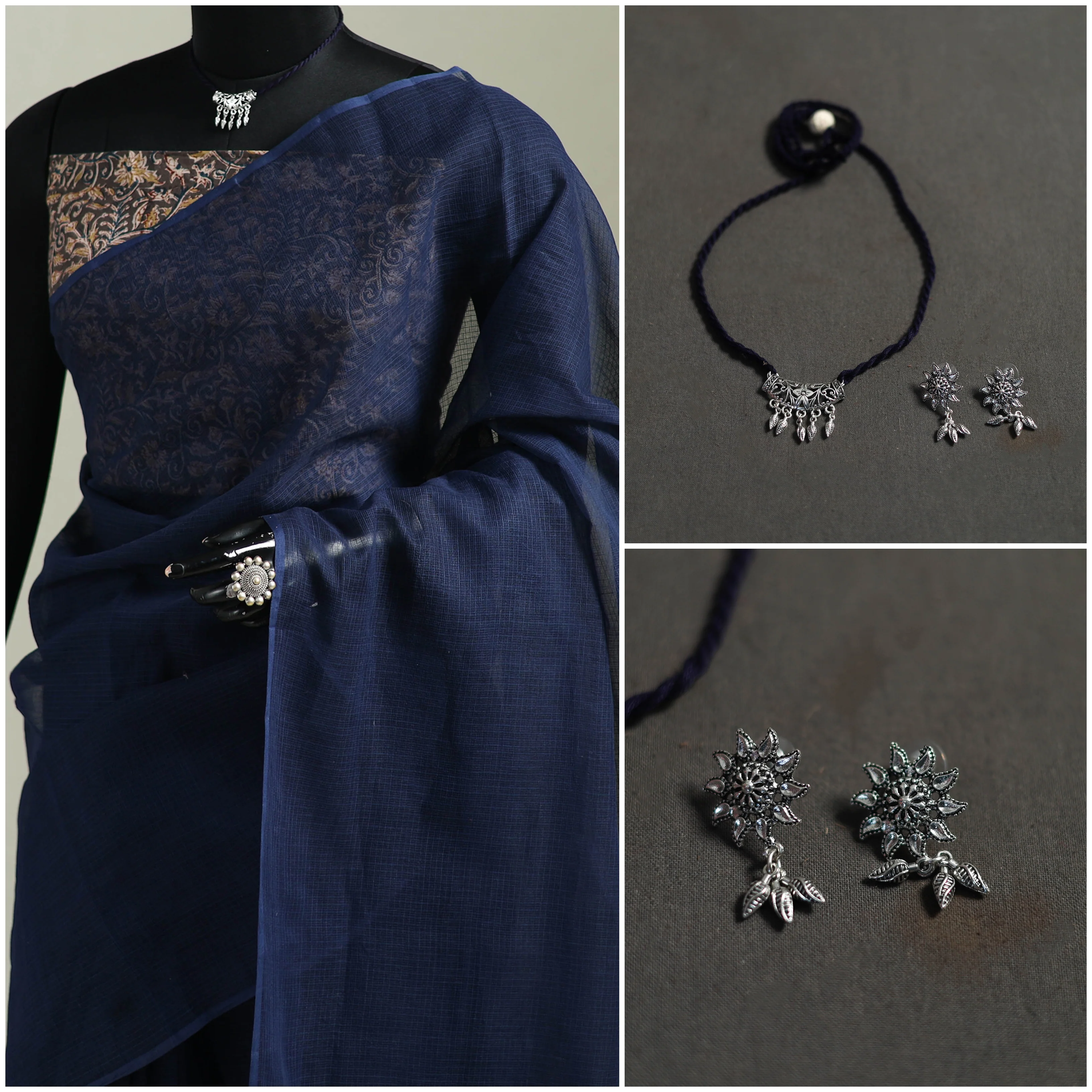 Blue - Nazaakat Kota Doria Cotton Plain Saree with Blouse & Jewellery Set 148 - Image 3