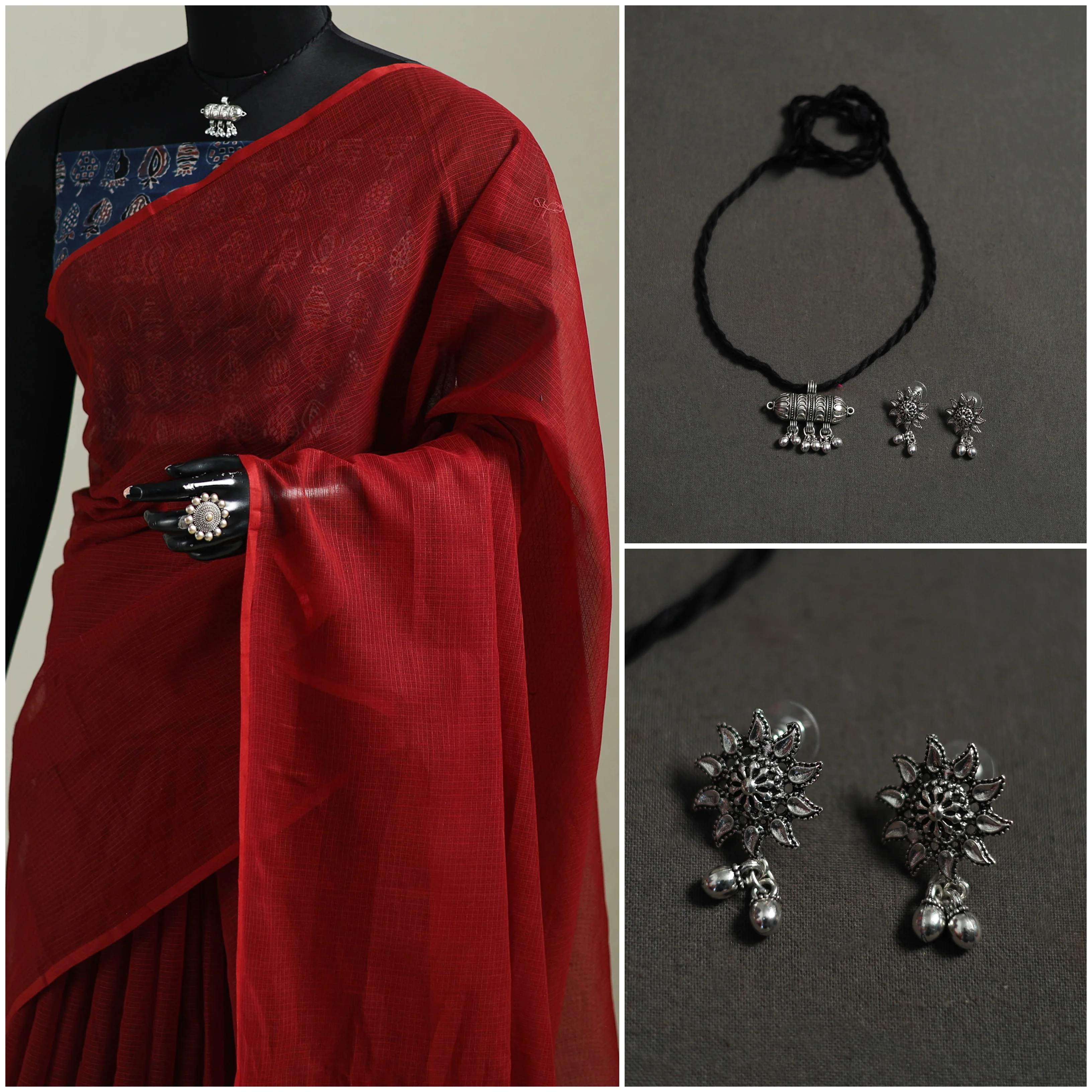 Red - Nazaakat Kota Doria Cotton Plain Saree with Blouse & Jewellery Set 149 - Image 3