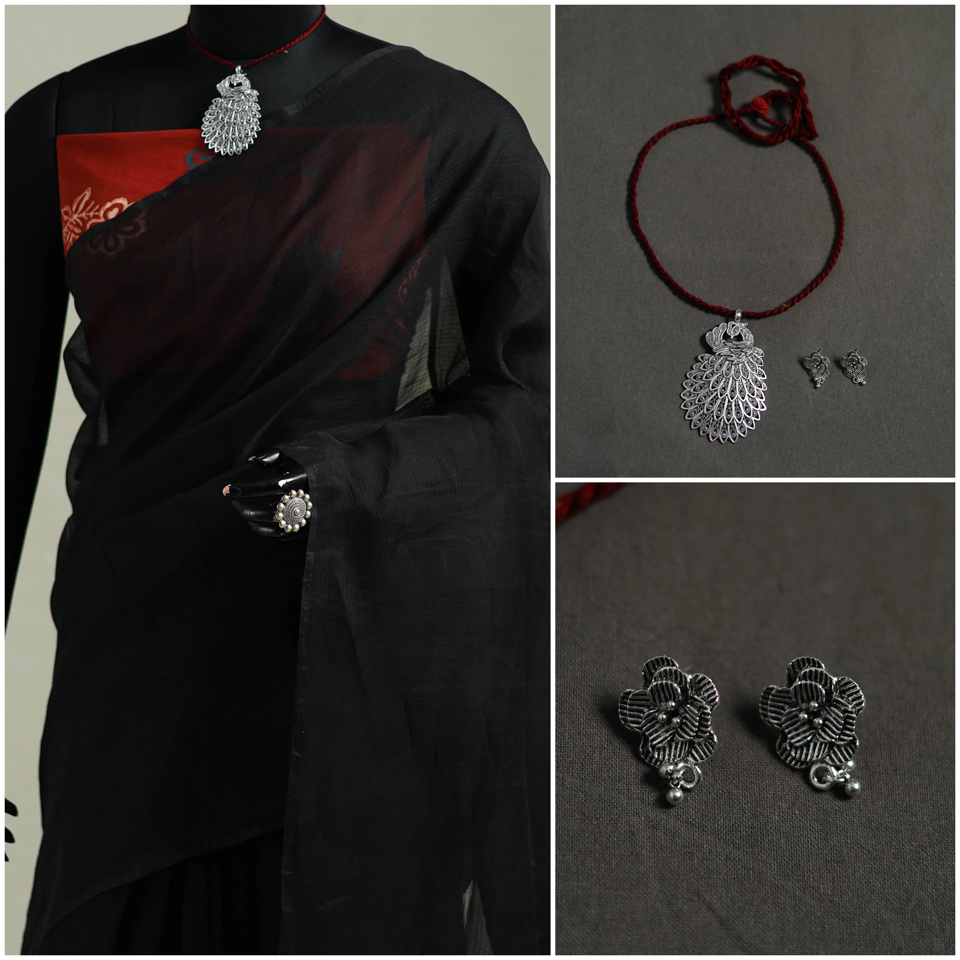 Black - Nazaakat Kota Doria Cotton Plain Saree with Blouse & Jewellery Set 15 - Image 3