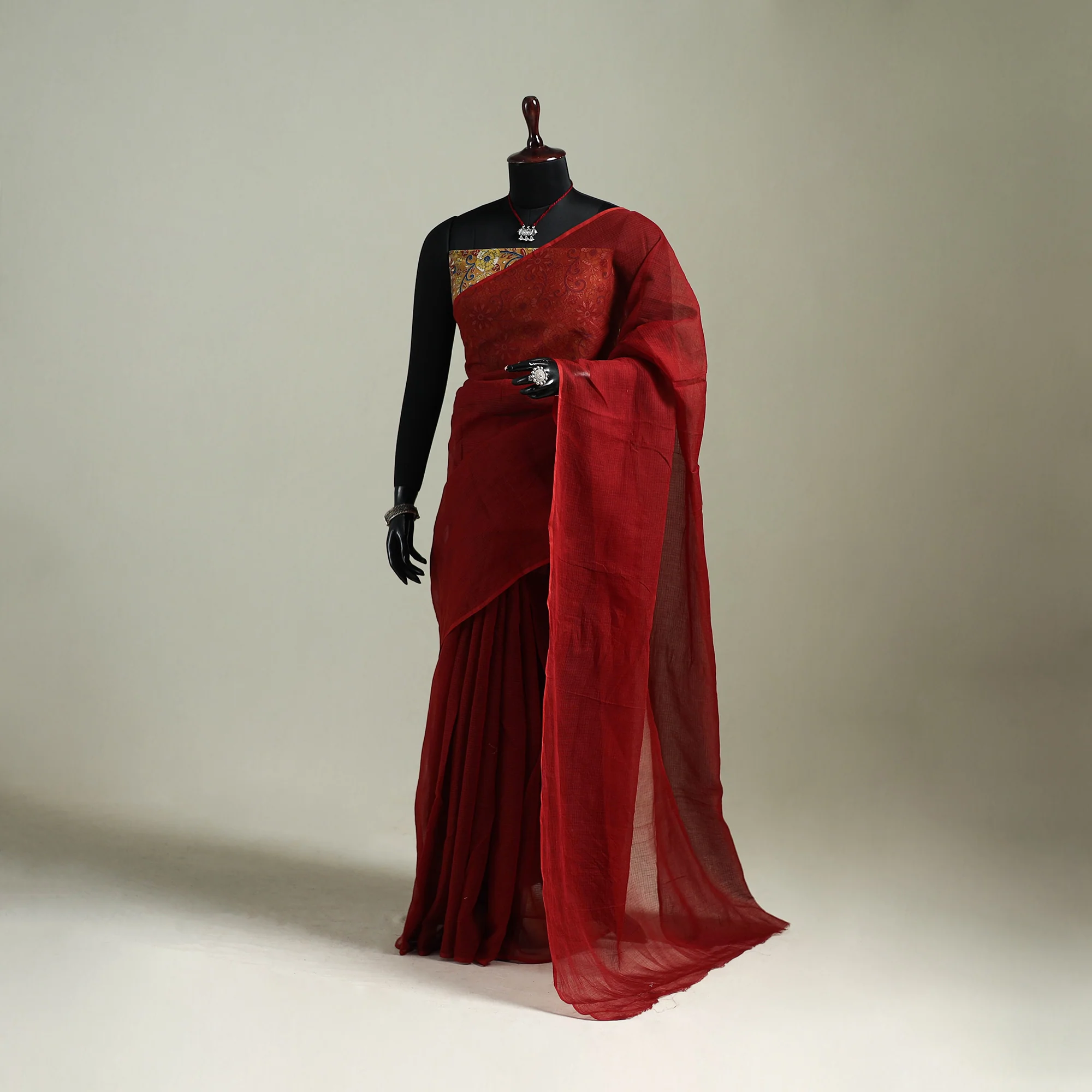 Red - Nazaakat Kota Doria Cotton Plain Saree with Blouse & Jewellery Set 151