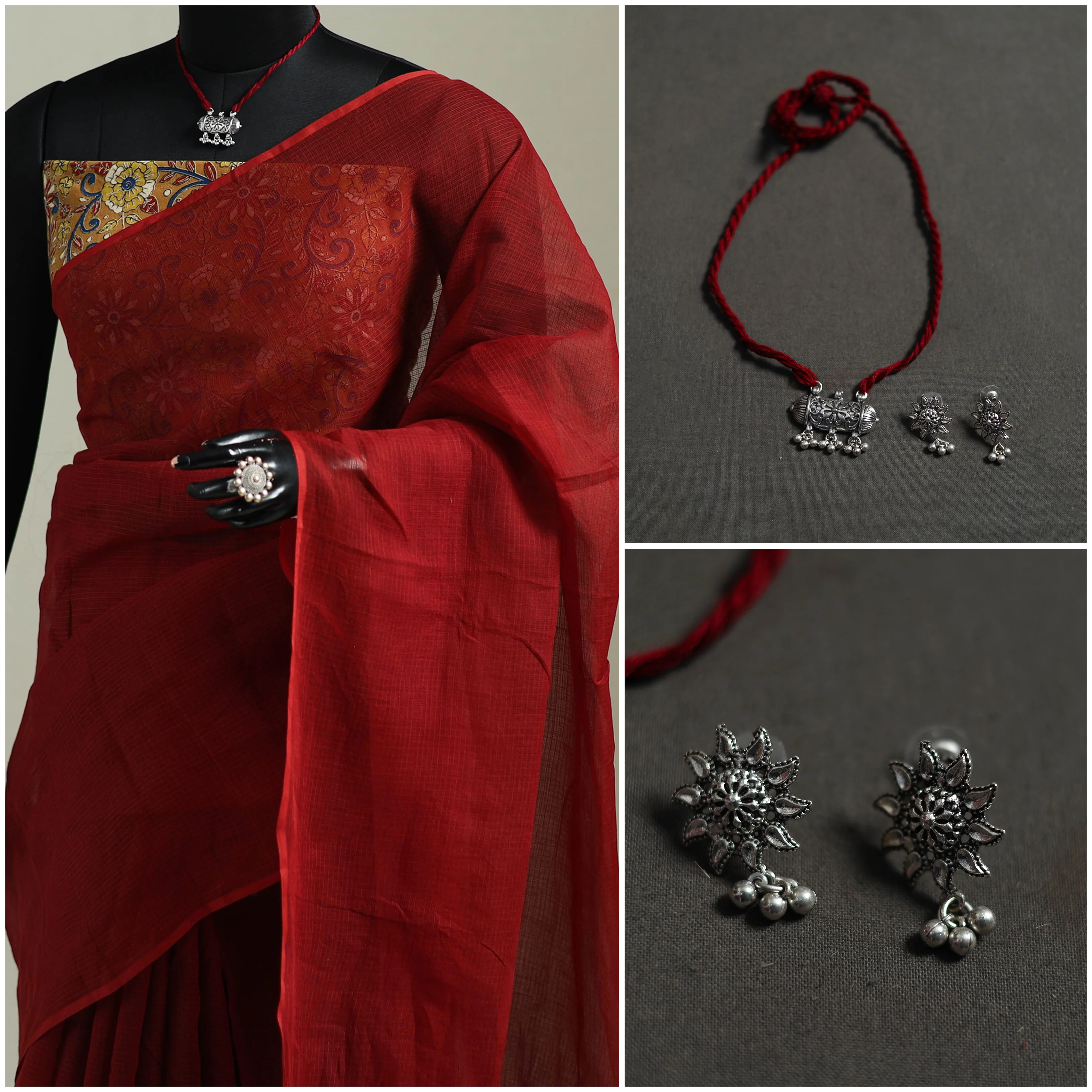 Red - Nazaakat Kota Doria Cotton Plain Saree with Blouse & Jewellery Set 151 - Image 3