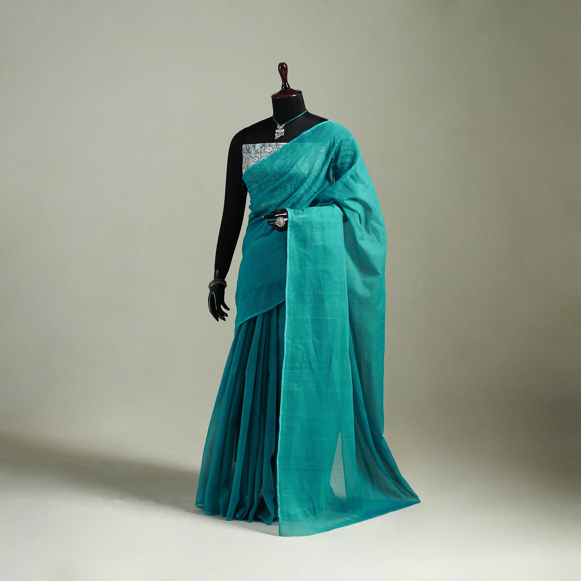 Green - Nazaakat Kota Doria Cotton Plain Saree with Blouse & Jewellery Set 152