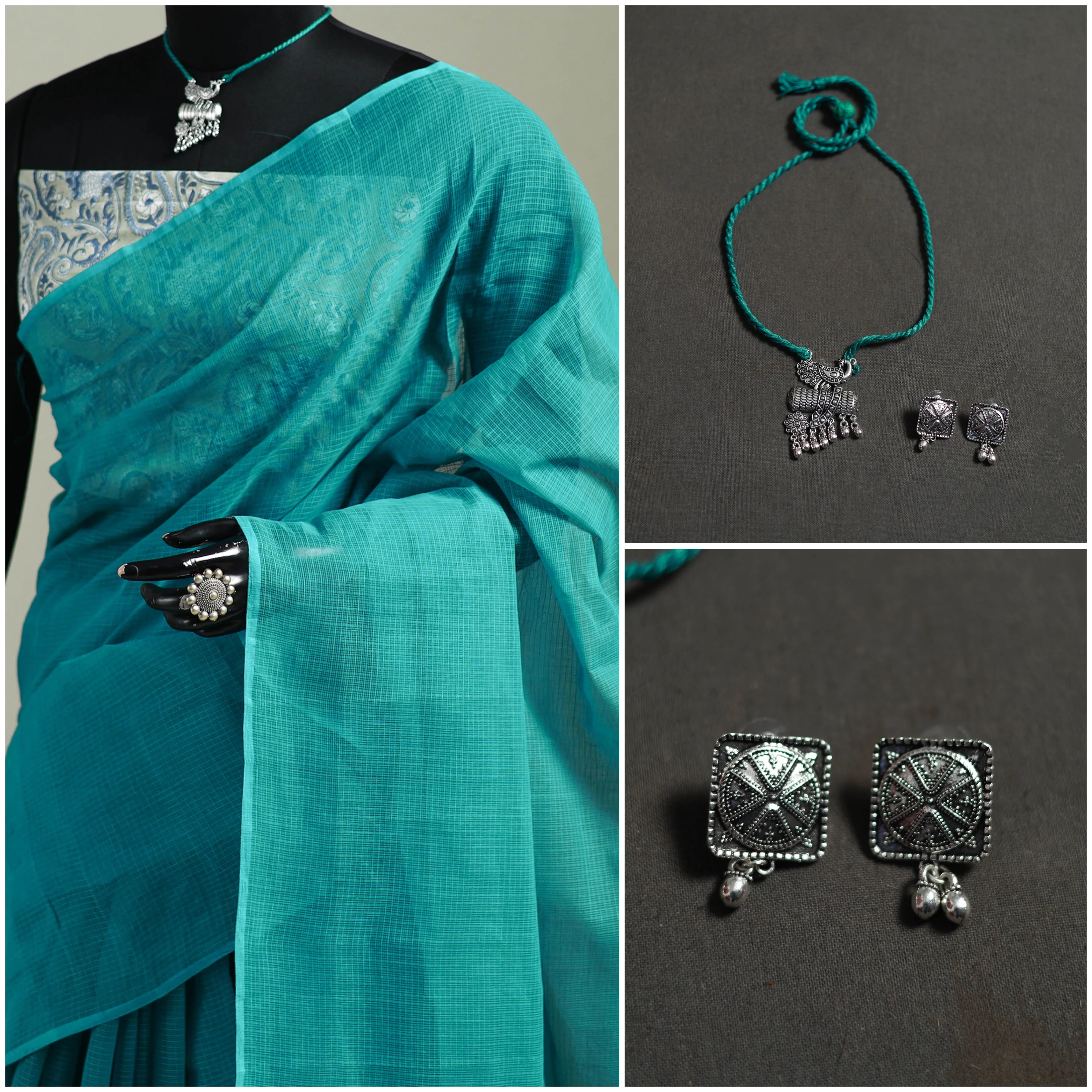 Green - Nazaakat Kota Doria Cotton Plain Saree with Blouse & Jewellery Set 152 - Image 3