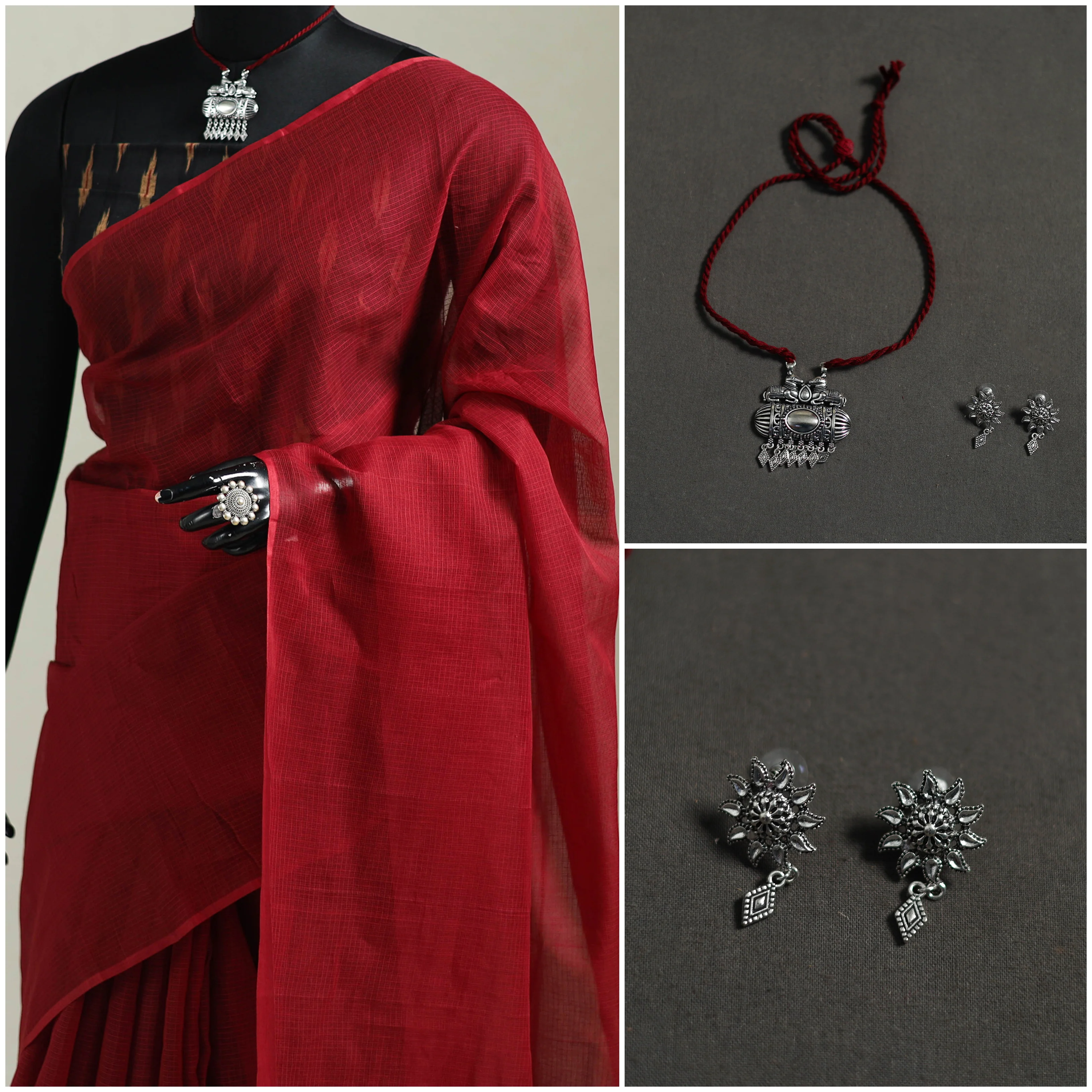 Red - Nazaakat Kota Doria Cotton Plain Saree with Blouse & Jewellery Set 153 - Image 3