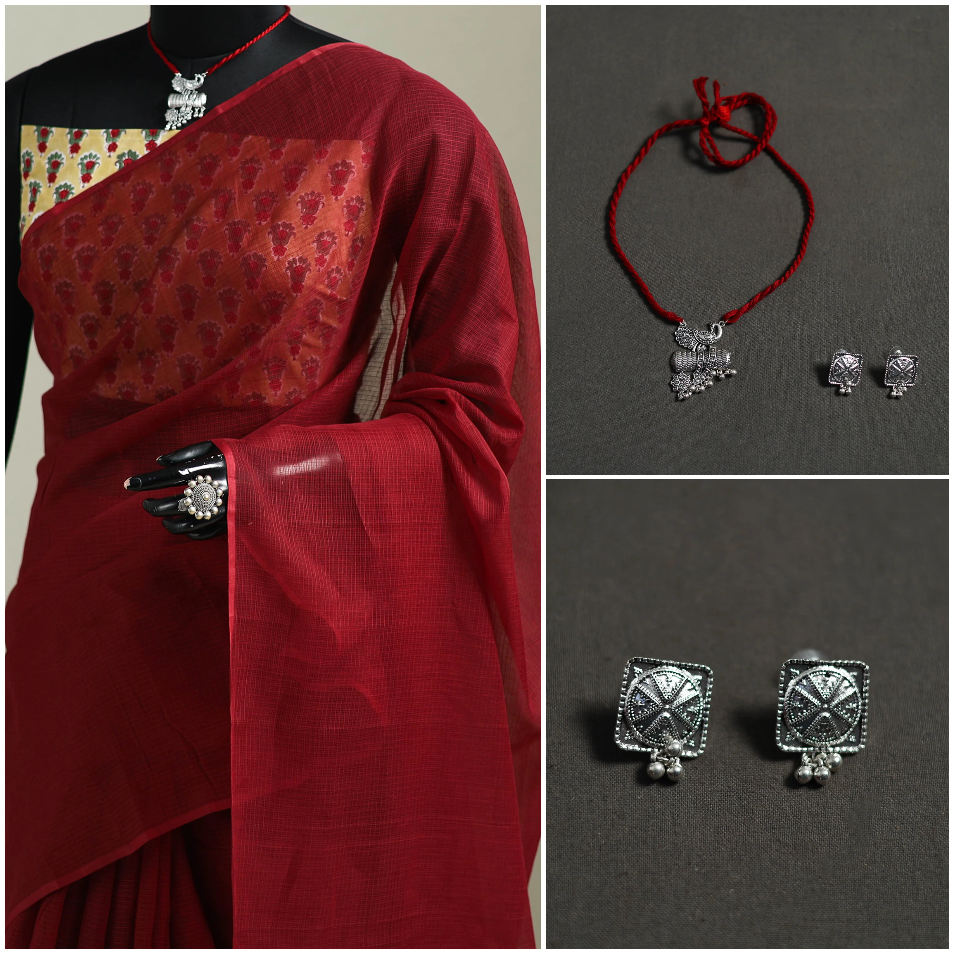Red - Nazaakat Kota Doria Cotton Plain Saree with Blouse & Jewellery Set 154 - Image 3