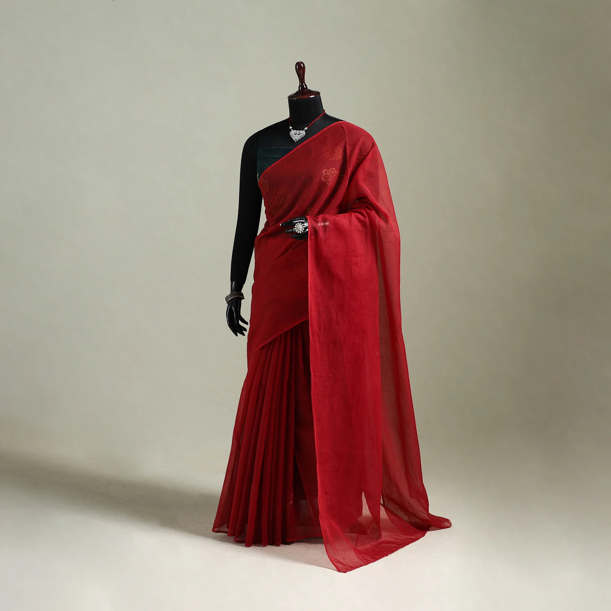 Red - Nazaakat Kota Doria Cotton Plain Saree with Blouse & Jewellery Set 155