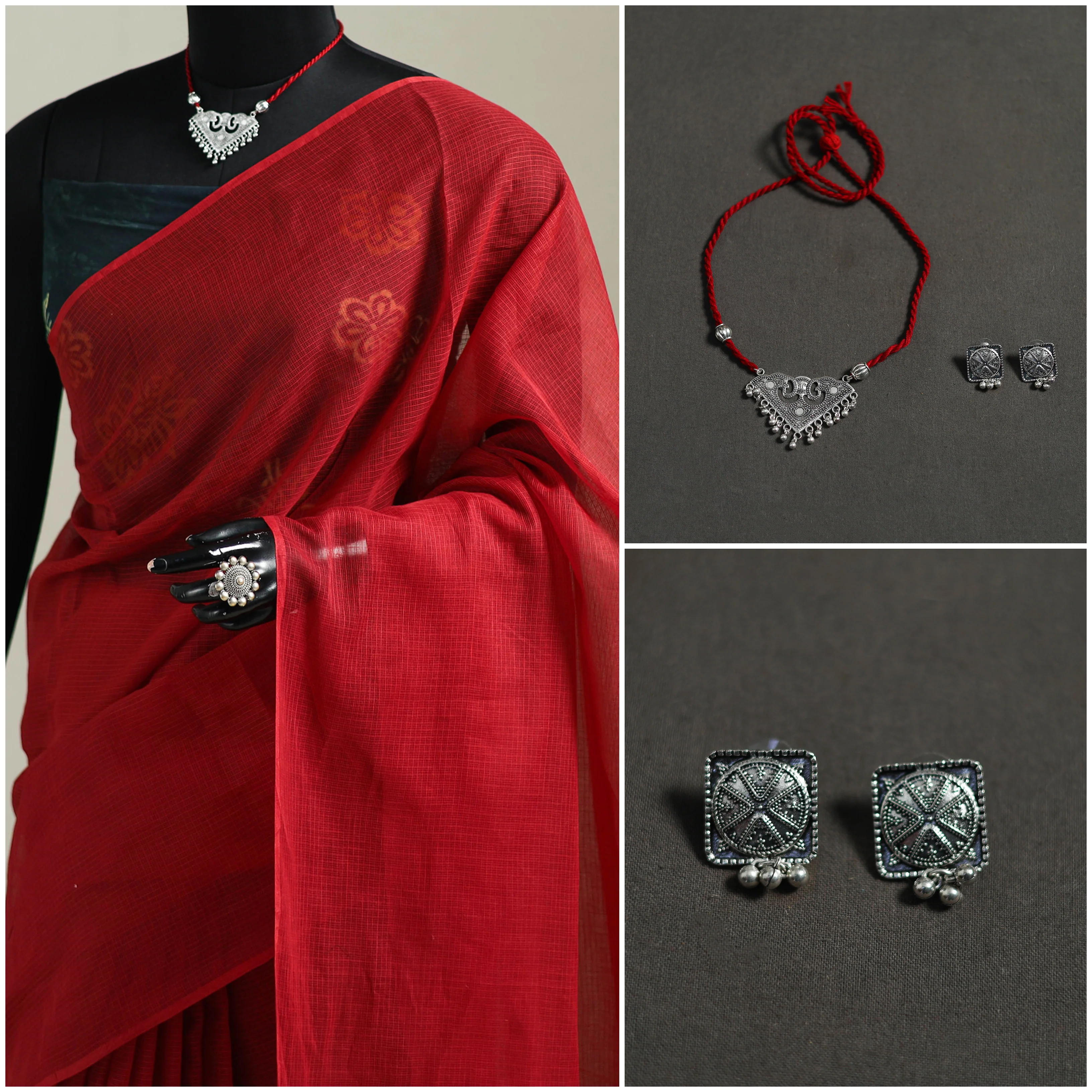 Red - Nazaakat Kota Doria Cotton Plain Saree with Blouse & Jewellery Set 155 - Image 3
