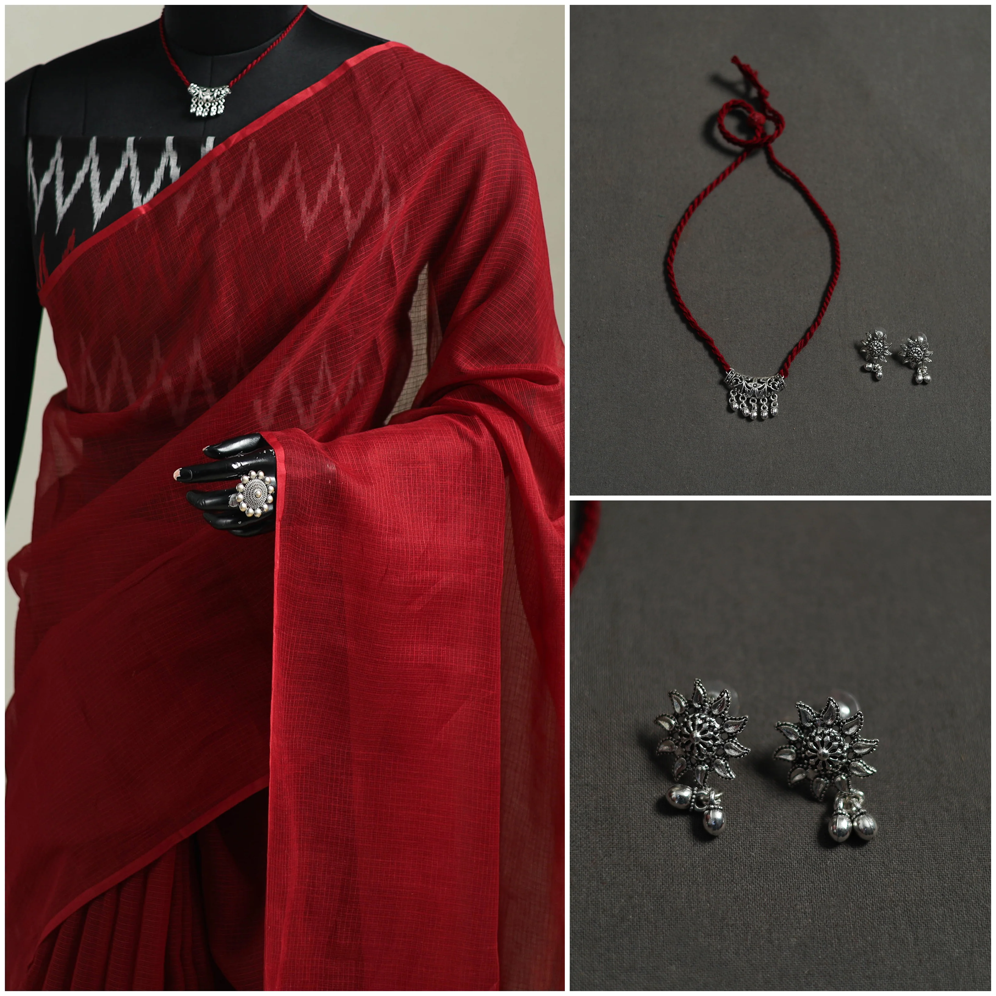Red - Nazaakat Kota Doria Cotton Plain Saree with Blouse & Jewellery Set 156 - Image 3