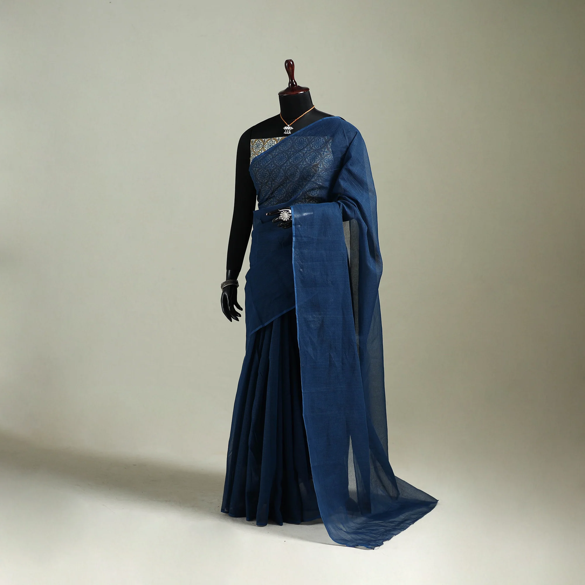 Blue - Nazaakat Kota Doria Cotton Plain Saree with Blouse & Jewellery Set 157