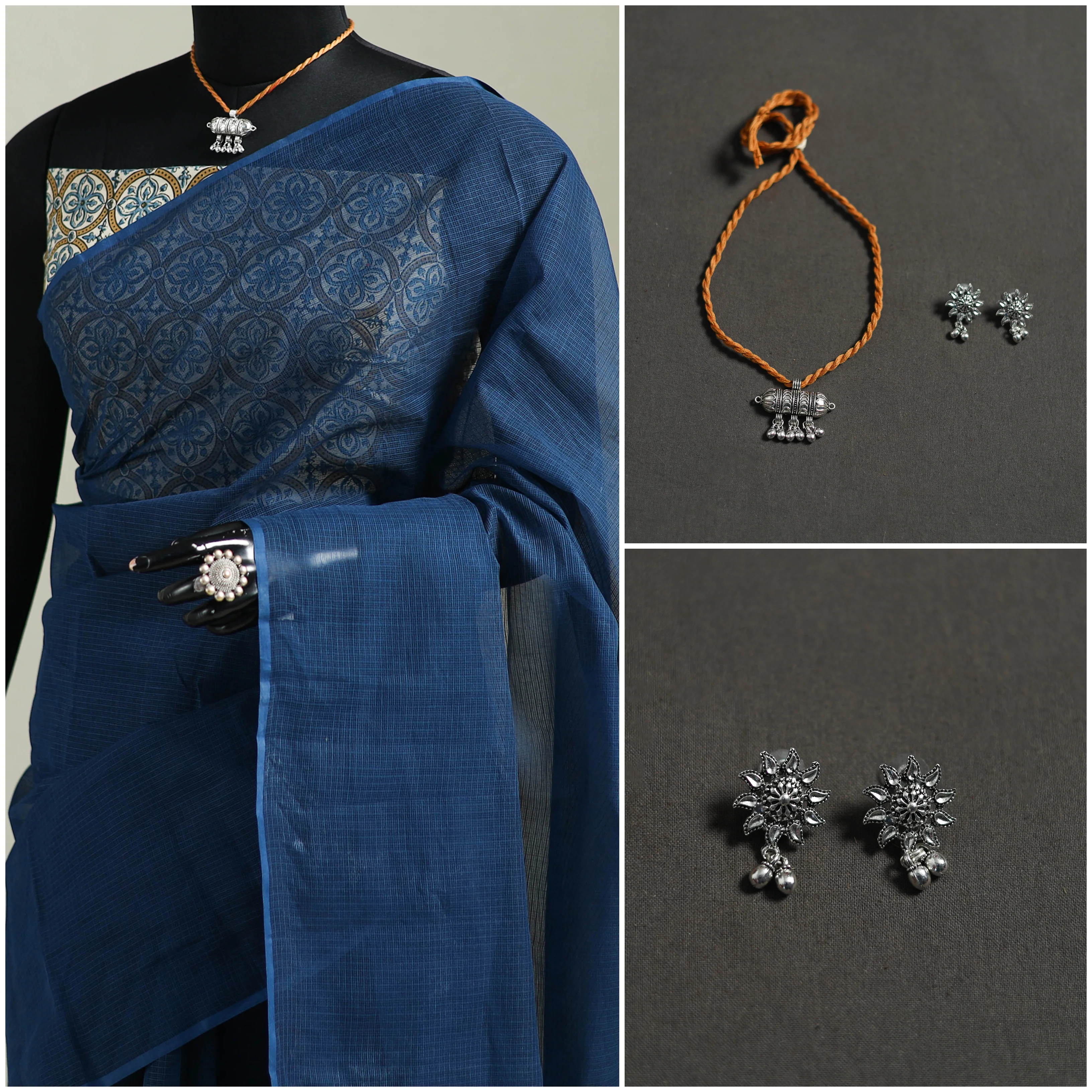 Blue - Nazaakat Kota Doria Cotton Plain Saree with Blouse & Jewellery Set 157 - Image 3