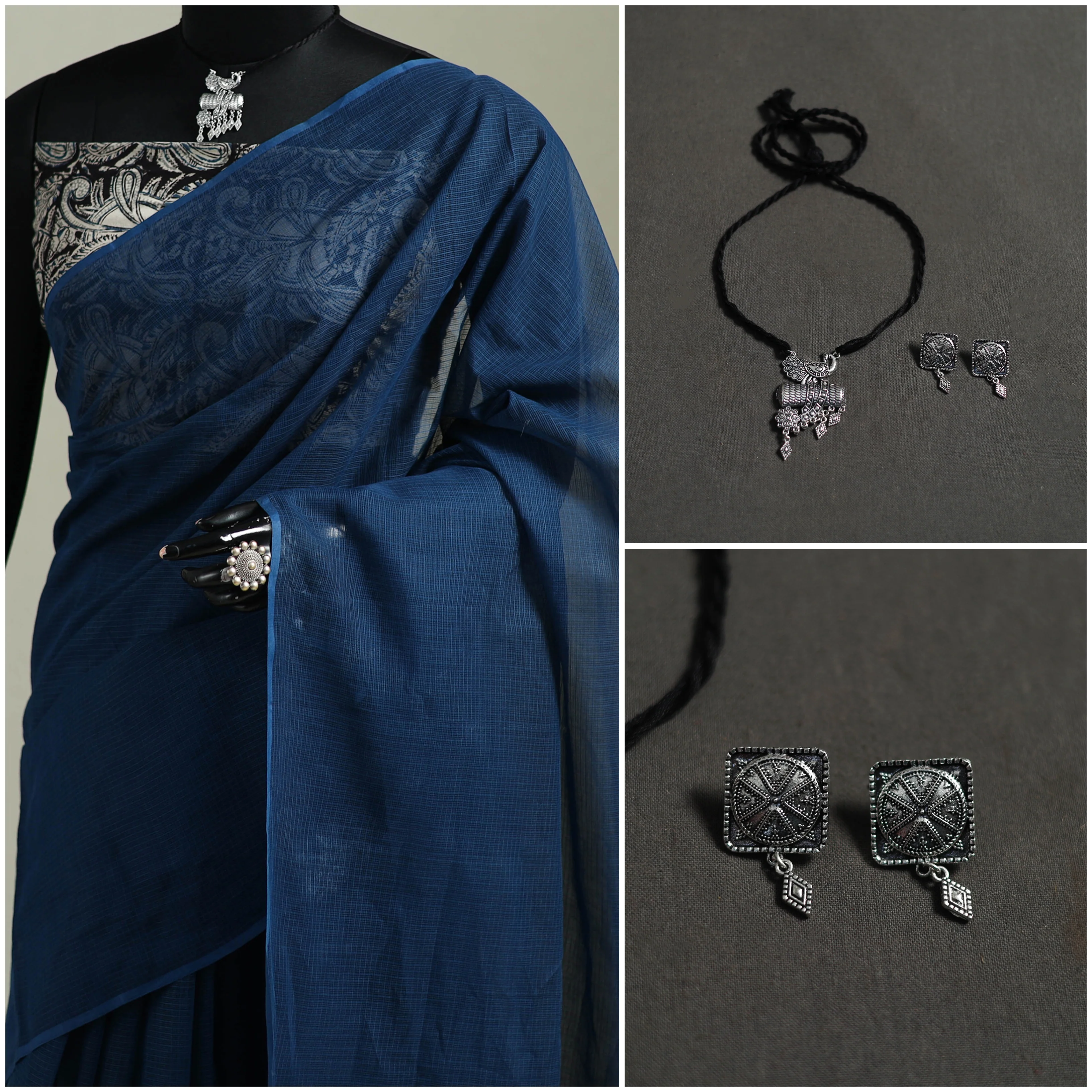 Blue - Nazaakat Kota Doria Cotton Plain Saree with Blouse & Jewellery Set 158 - Image 3