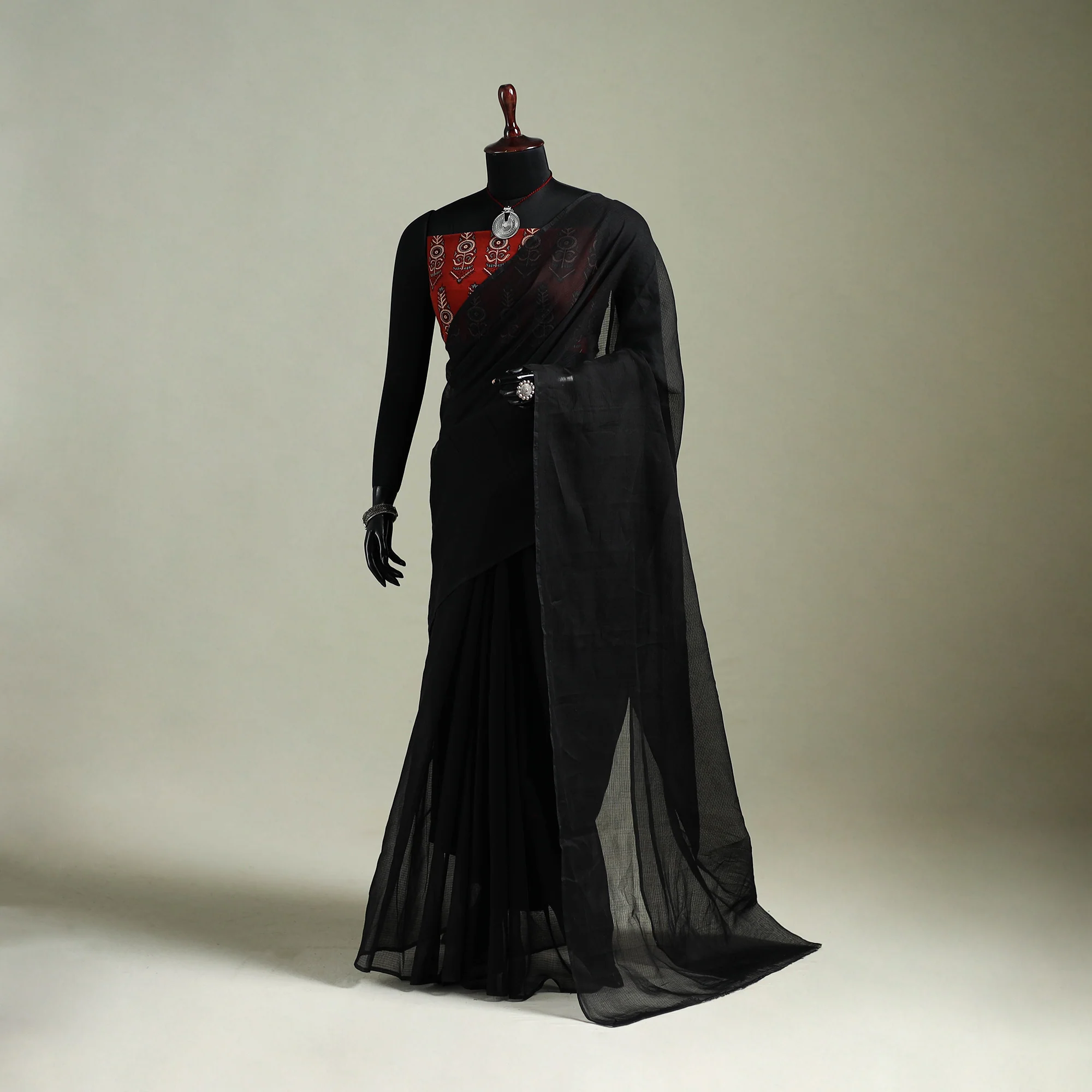 Black - Nazaakat Kota Doria Cotton Plain Saree with Blouse & Jewellery Set 16