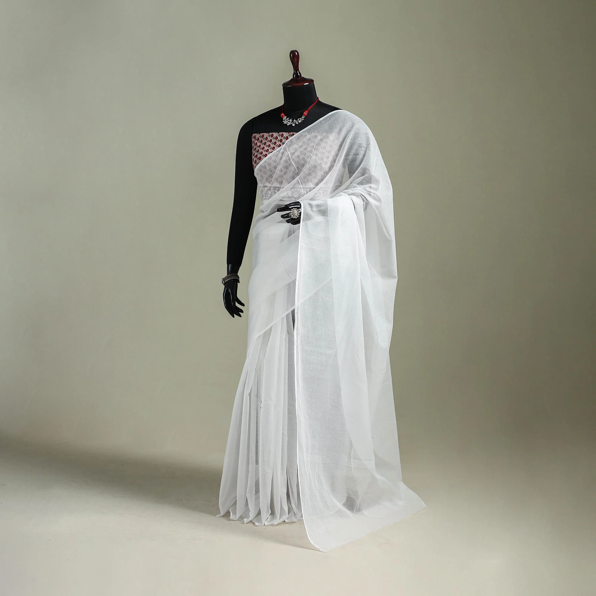 White - Nazaakat Kota Doria Cotton Plain Saree with Blouse & Jewellery Set 160