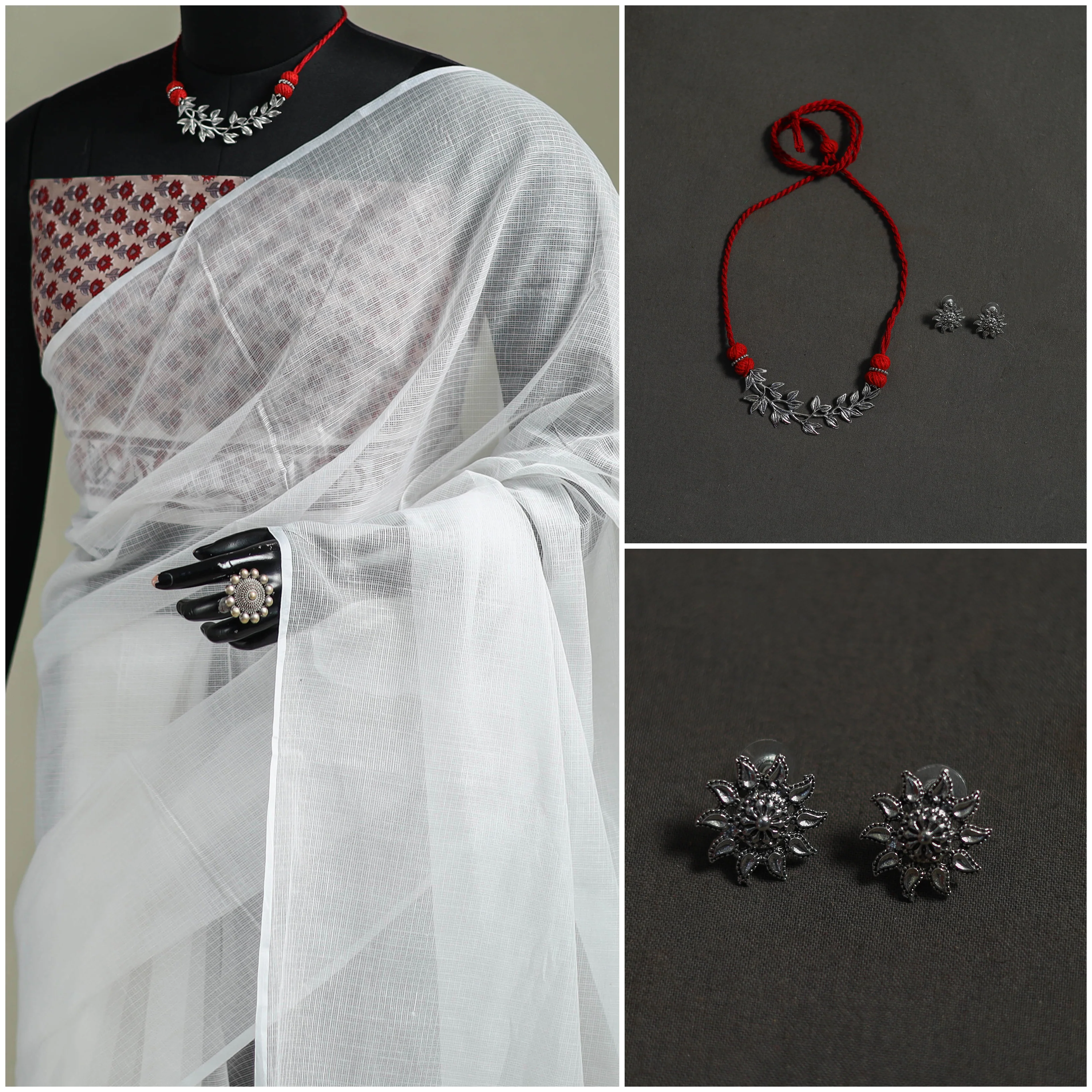 White - Nazaakat Kota Doria Cotton Plain Saree with Blouse & Jewellery Set 160 - Image 3