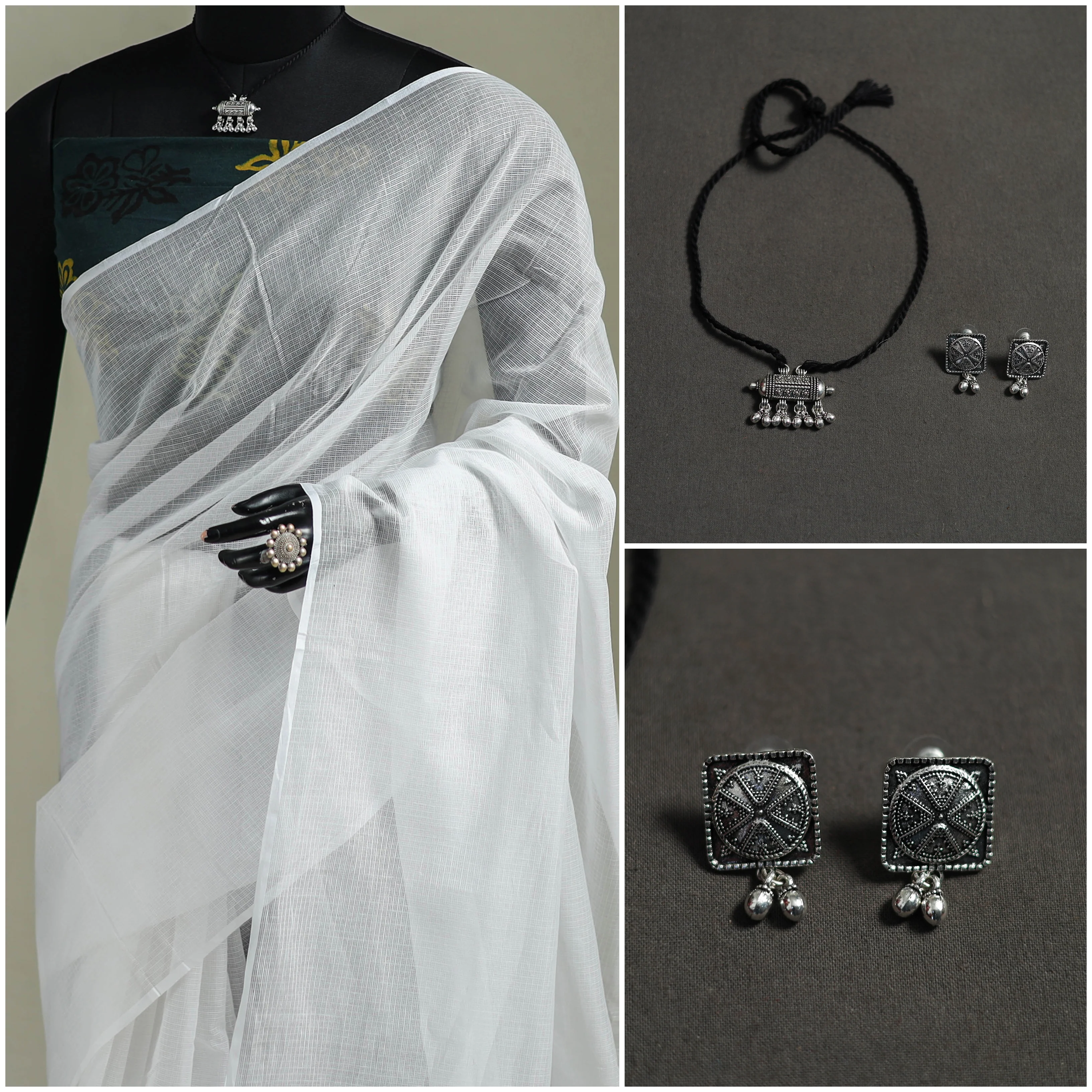 White - Nazaakat Kota Doria Cotton Plain Saree with Blouse & Jewellery Set 161 - Image 3
