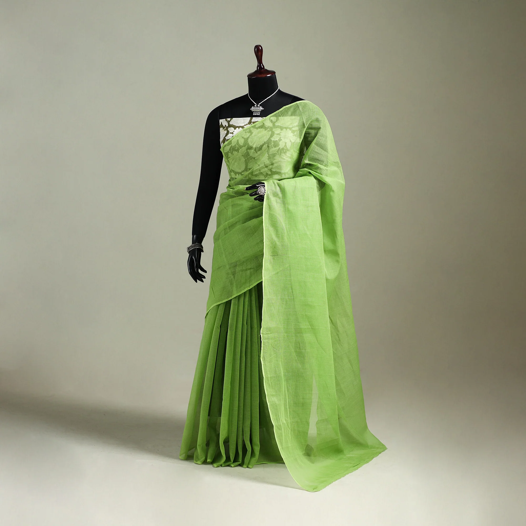 Green - Nazaakat Kota Doria Cotton Plain Saree with Blouse & Jewellery Set 162