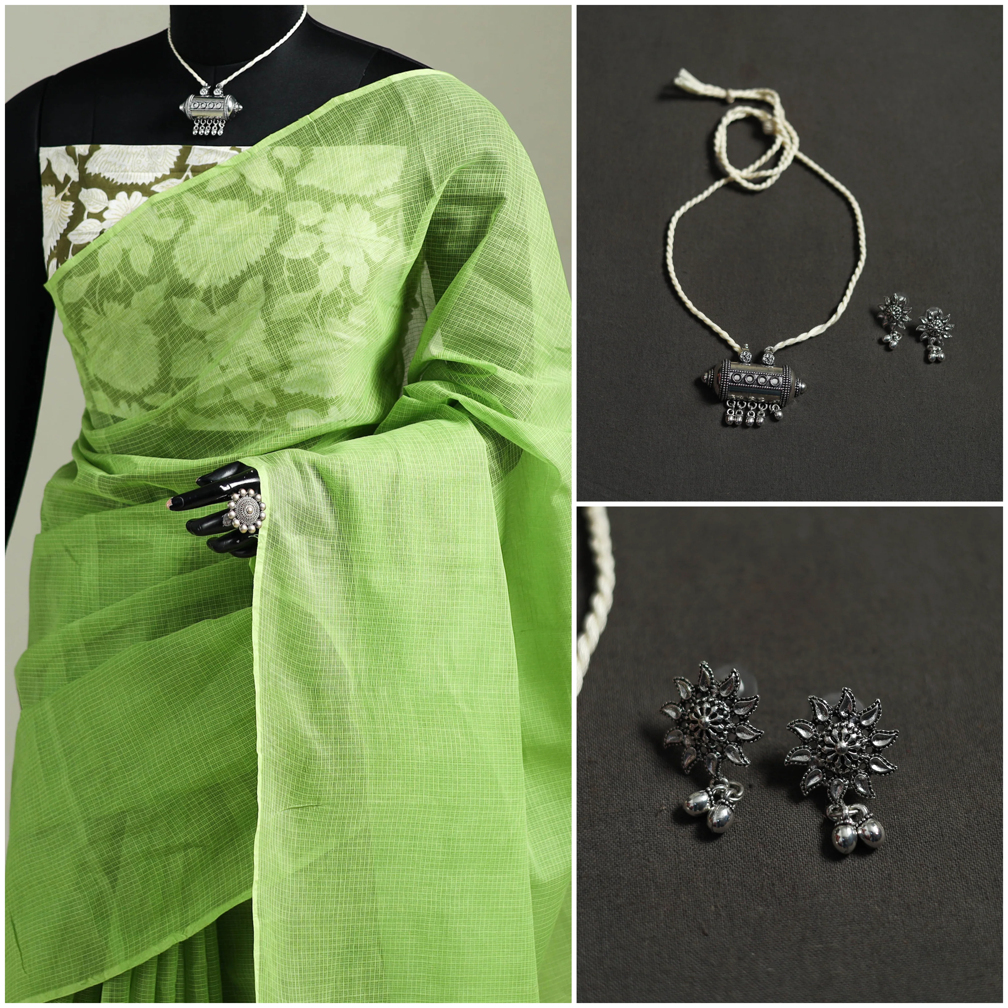 Green - Nazaakat Kota Doria Cotton Plain Saree with Blouse & Jewellery Set 162 - Image 3