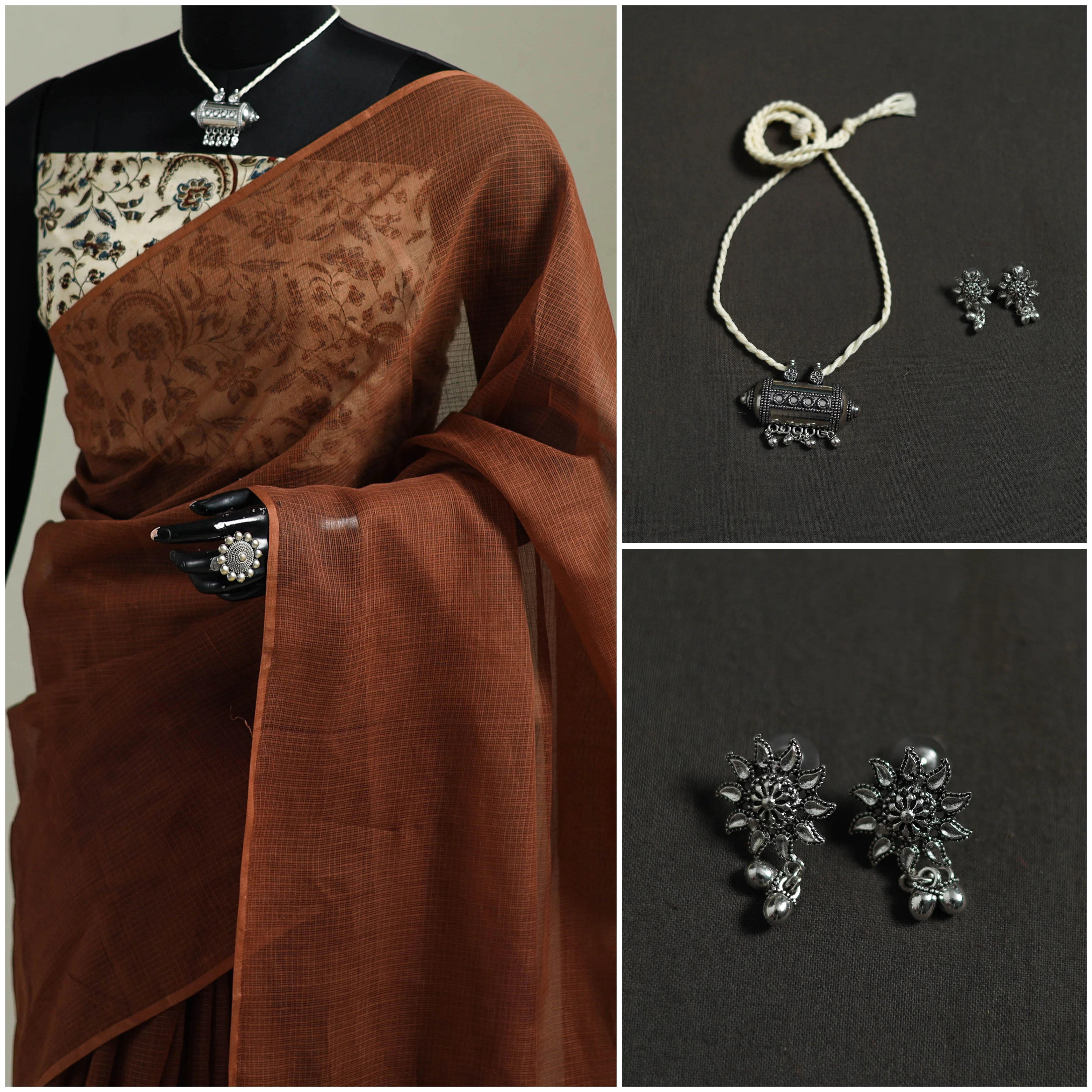 Brown - Nazaakat Kota Doria Cotton Plain Saree with Blouse & Jewellery Set 163 - Image 3
